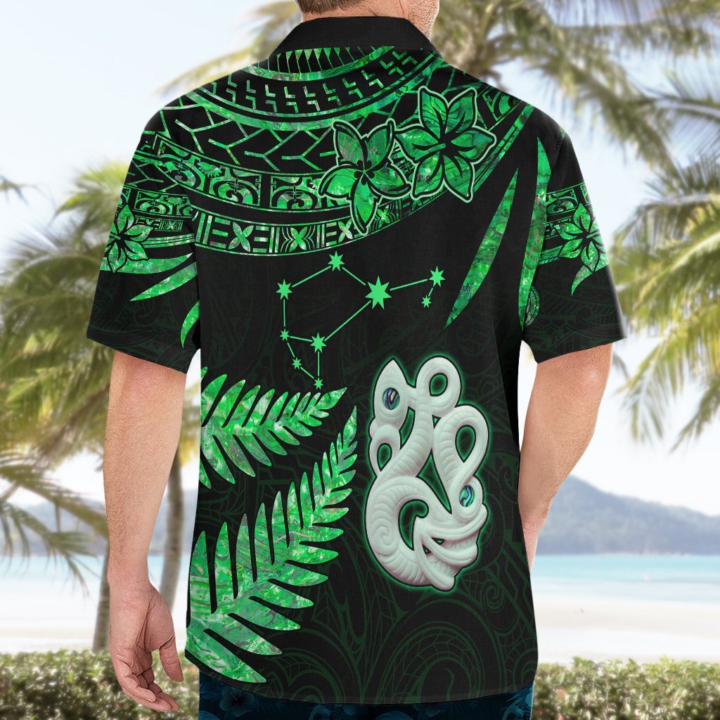 Maori Hawaiian Shirt Matariki Stars Manaia with Paua Shell - Green LT9 - Polynesian Pride