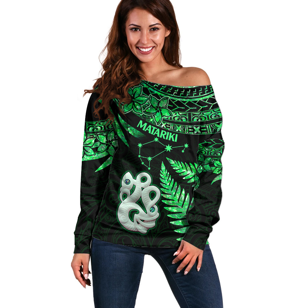 Maori Off Shoulder Sweater Matariki Stars Manaia with Paua Shell - Green LT9 Women Green - Polynesian Pride