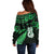 Maori Off Shoulder Sweater Matariki Stars Manaia with Paua Shell - Green LT9 - Polynesian Pride