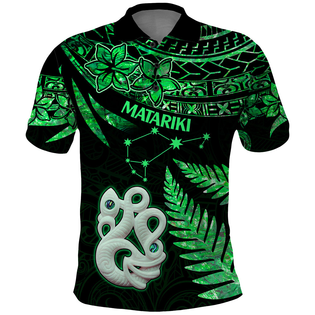 Maori Polo Shirt Matariki Stars Manaia with Paua Shell Green LT9 Green - Polynesian Pride