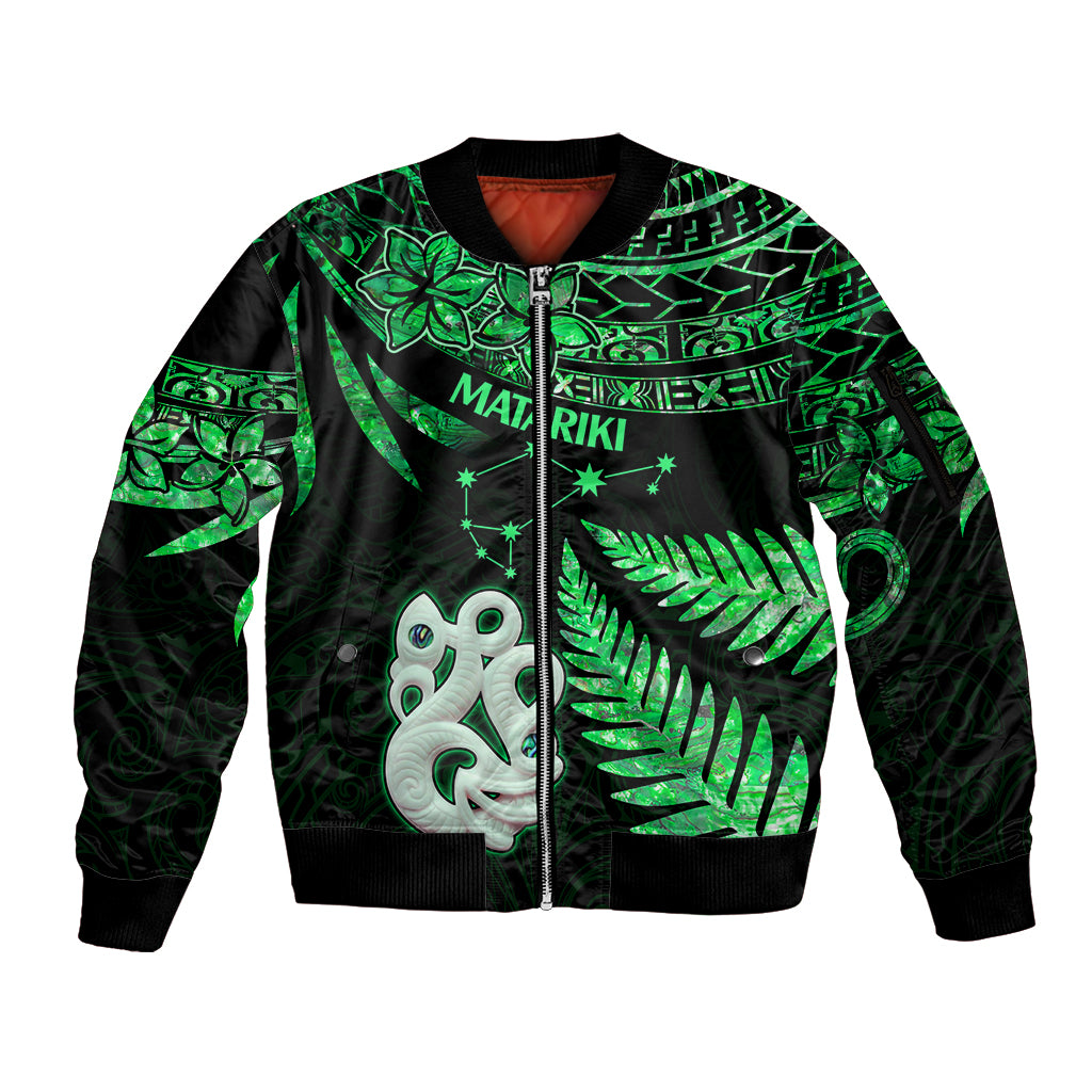 Maori Sleeve Zip Bomber Jacket Matariki Stars Manaia with Paua Shell - Green LT9 Unisex Green - Polynesian Pride