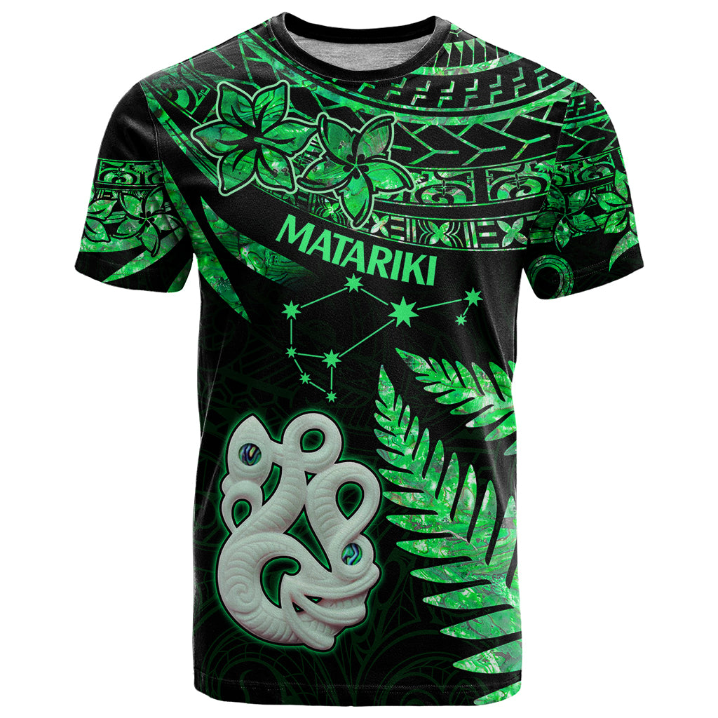 Maori T Shirt Matariki Stars Manaia with Paua Shell Green LT9 Green - Polynesian Pride