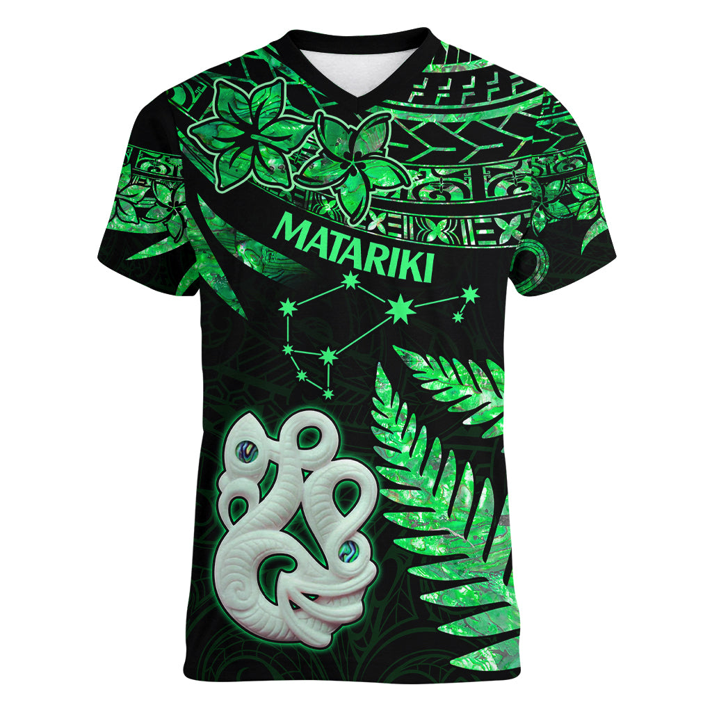 Maori Women V Neck T Shirt Matariki Stars Manaia with Paua Shell - Green LT9 Female Green - Polynesian Pride