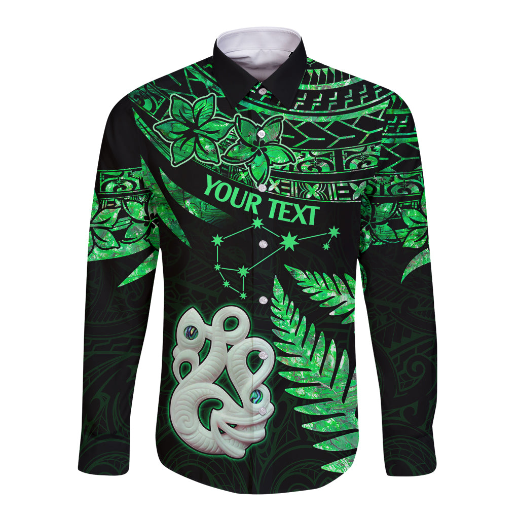 Custom Maori Long Sleeve Button Shirt Matariki Stars Manaia with Paua Shell - Green LT9 Unisex Green - Polynesian Pride