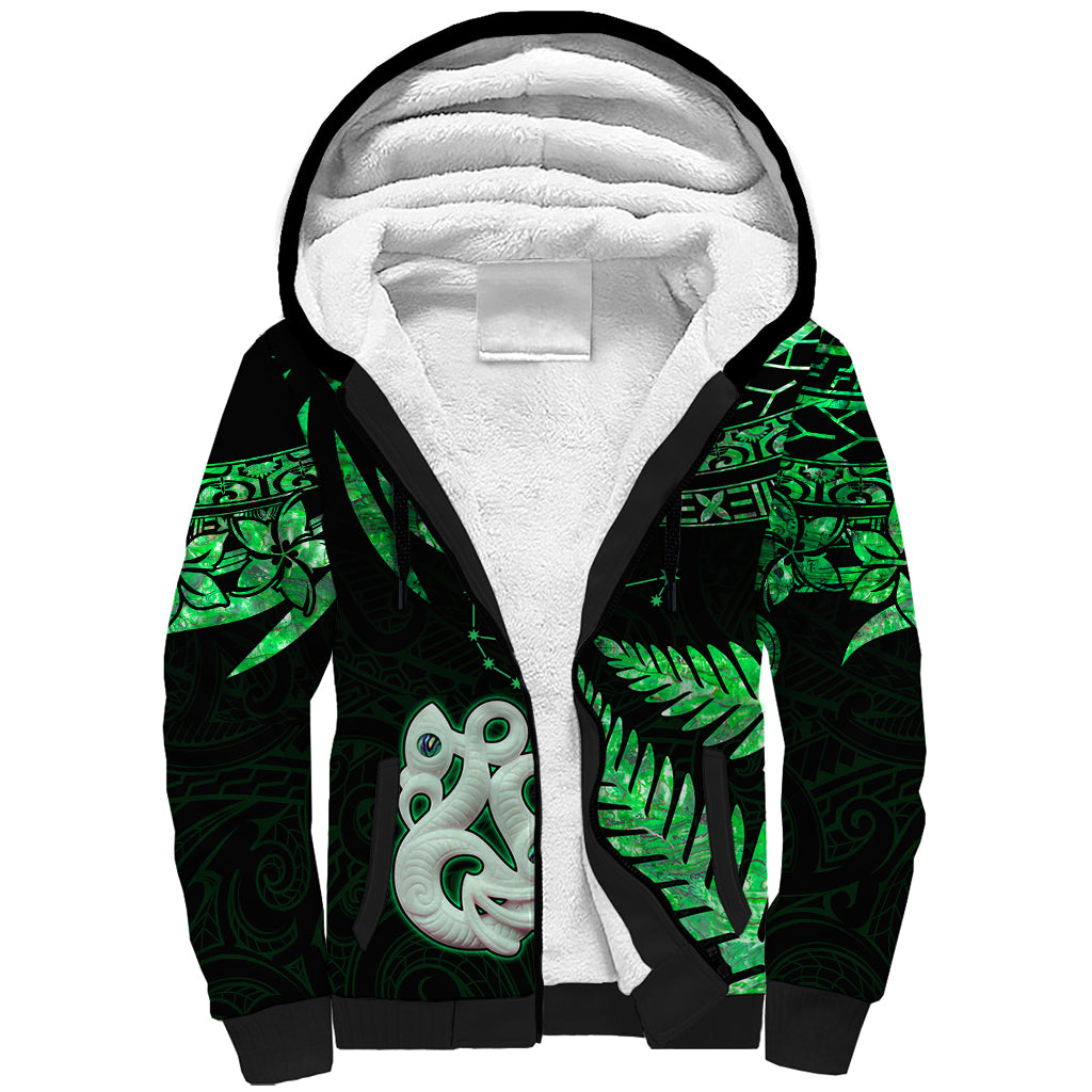 Custom Maori Sherpa Hoodie Matariki Stars Manaia with Paua Shell - Green LT9 Unisex Green - Polynesian Pride