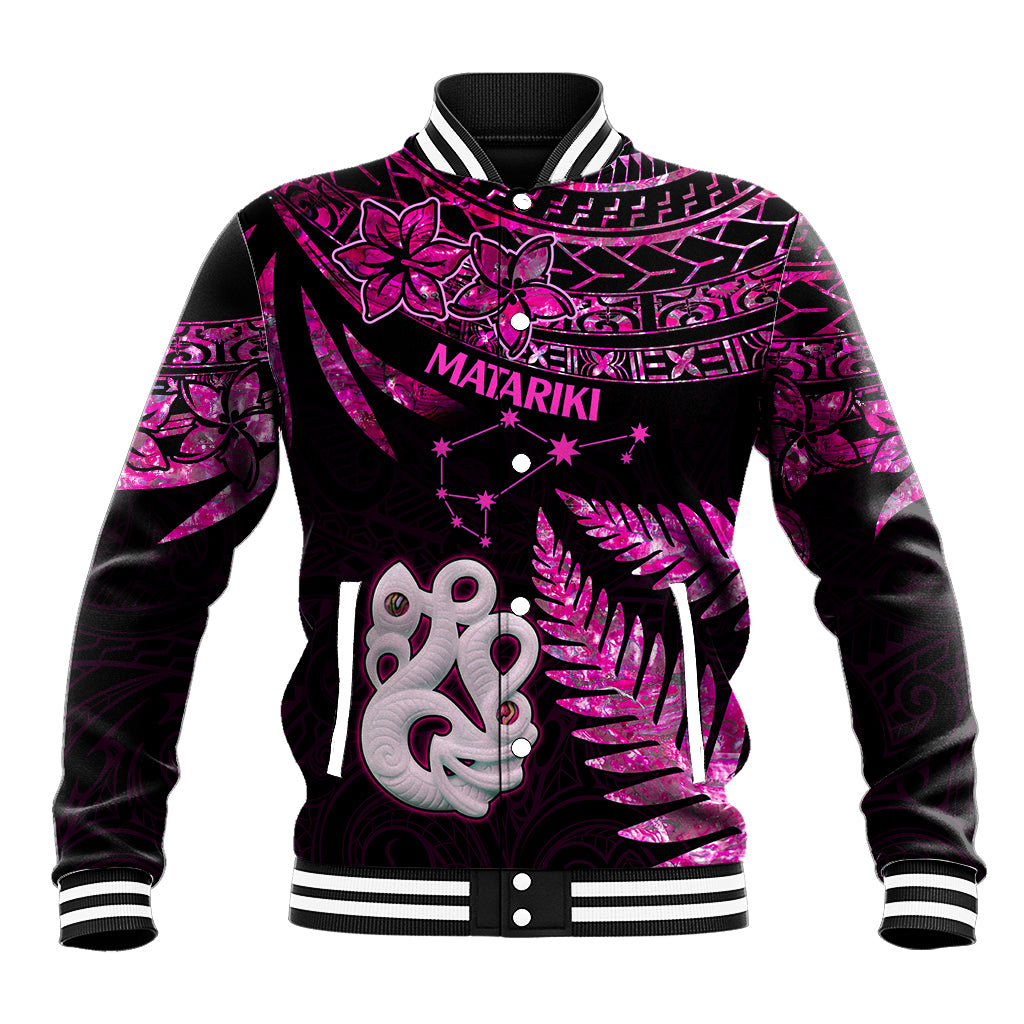 New Zealand Baseball Jacket Matariki NZ Manaia with Paua Shell - Pink LT9 Unisex Pink - Polynesian Pride