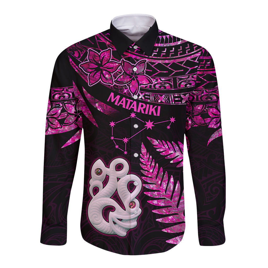 New Zealand Long Sleeve Button Shirt Matariki NZ Manaia with Paua Shell - Pink LT9 Unisex Pink - Polynesian Pride