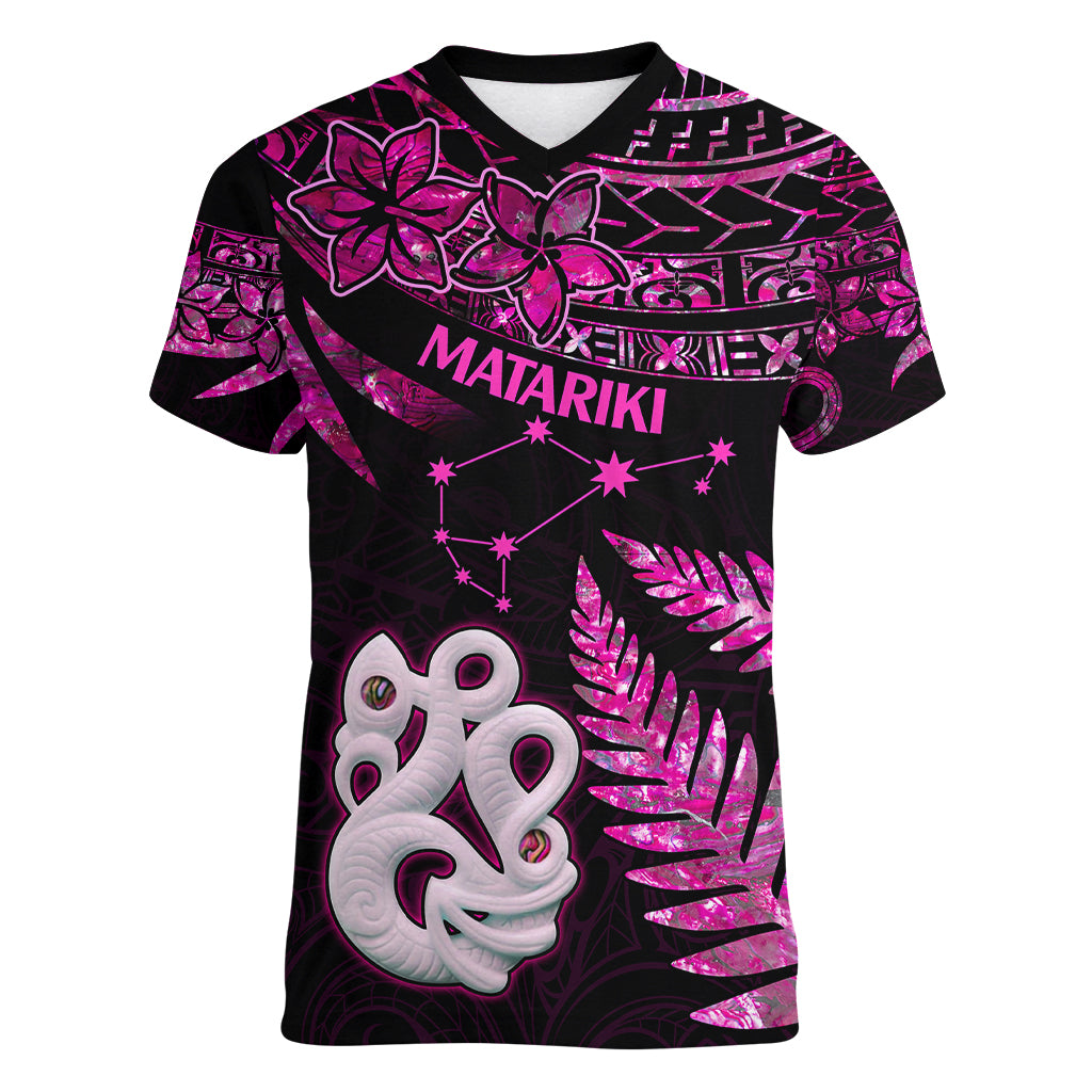 New Zealand Women V Neck T Shirt Matariki NZ Manaia with Paua Shell - Pink LT9 Female Pink - Polynesian Pride