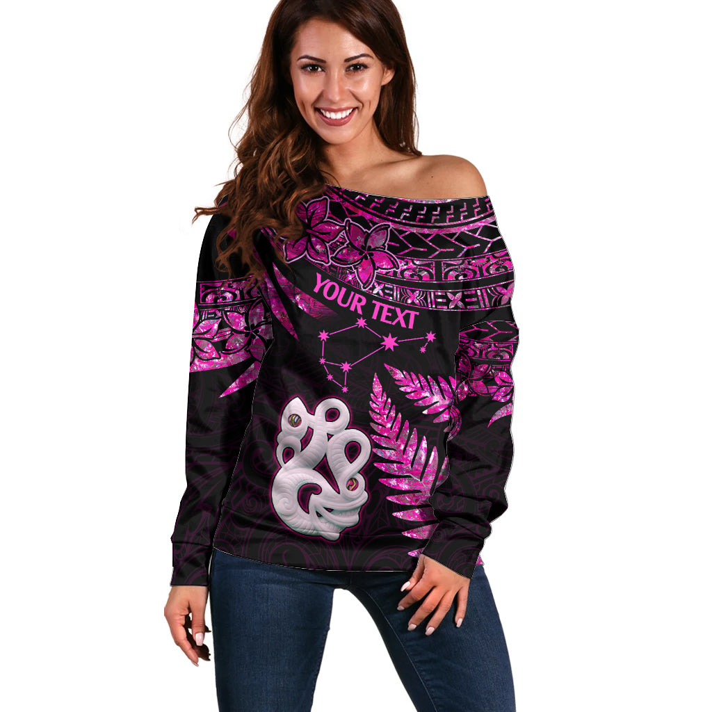 Custom New Zealand Off Shoulder Sweater Matariki NZ Manaia with Paua Shell - Pink LT9 Women Pink - Polynesian Pride