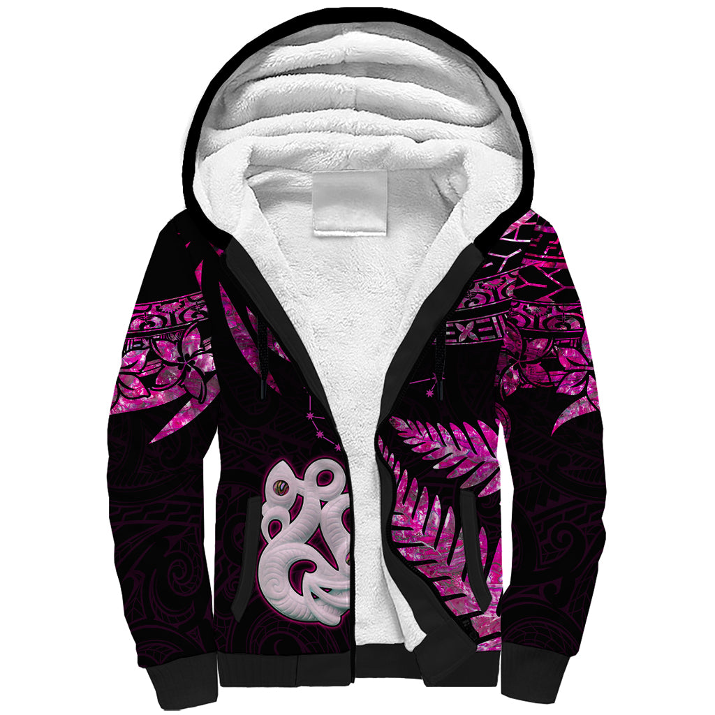 Custom New Zealand Sherpa Hoodie Matariki NZ Manaia with Paua Shell - Pink LT9 Unisex Pink - Polynesian Pride