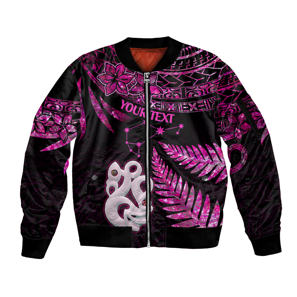 Custom New Zealand Sleeve Zip Bomber Jacket Matariki NZ Manaia with Paua Shell - Pink LT9 Unisex Pink - Polynesian Pride