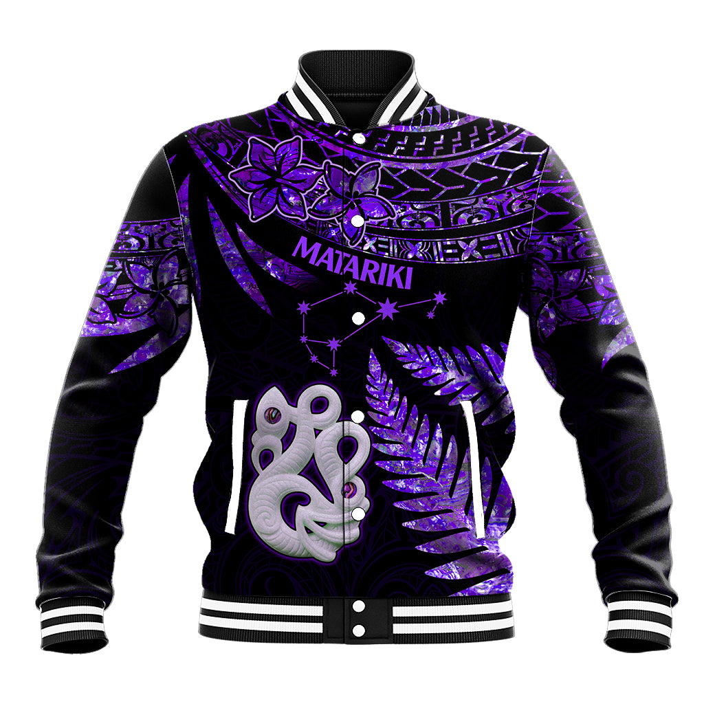 New Zealand Baseball Jacket Matariki NZ Manaia with Paua Shell - Purple LT9 Unisex Purple - Polynesian Pride