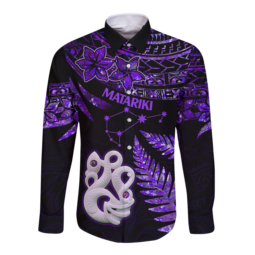 New Zealand Long Sleeve Button Shirt Matariki NZ Manaia with Paua Shell - Purple LT9 Unisex Purple - Polynesian Pride