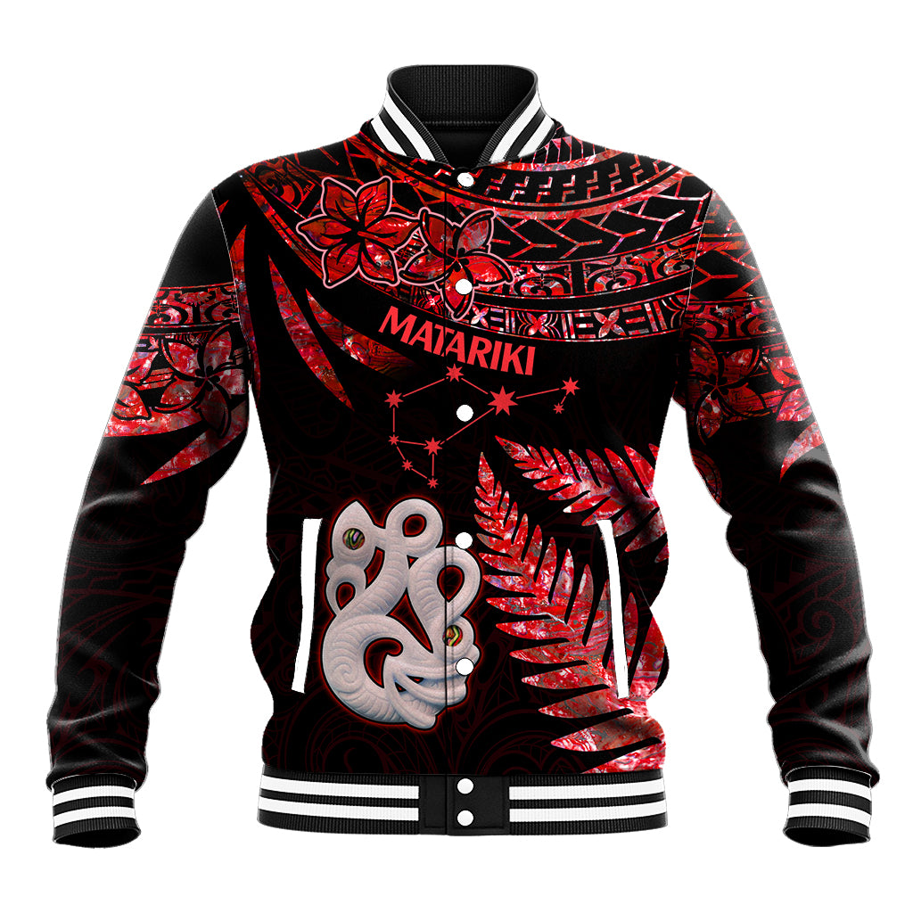 Matariki Baseball Jacket NZ New Year Manaia with Paua Shell - Red LT9 Unisex Red - Polynesian Pride