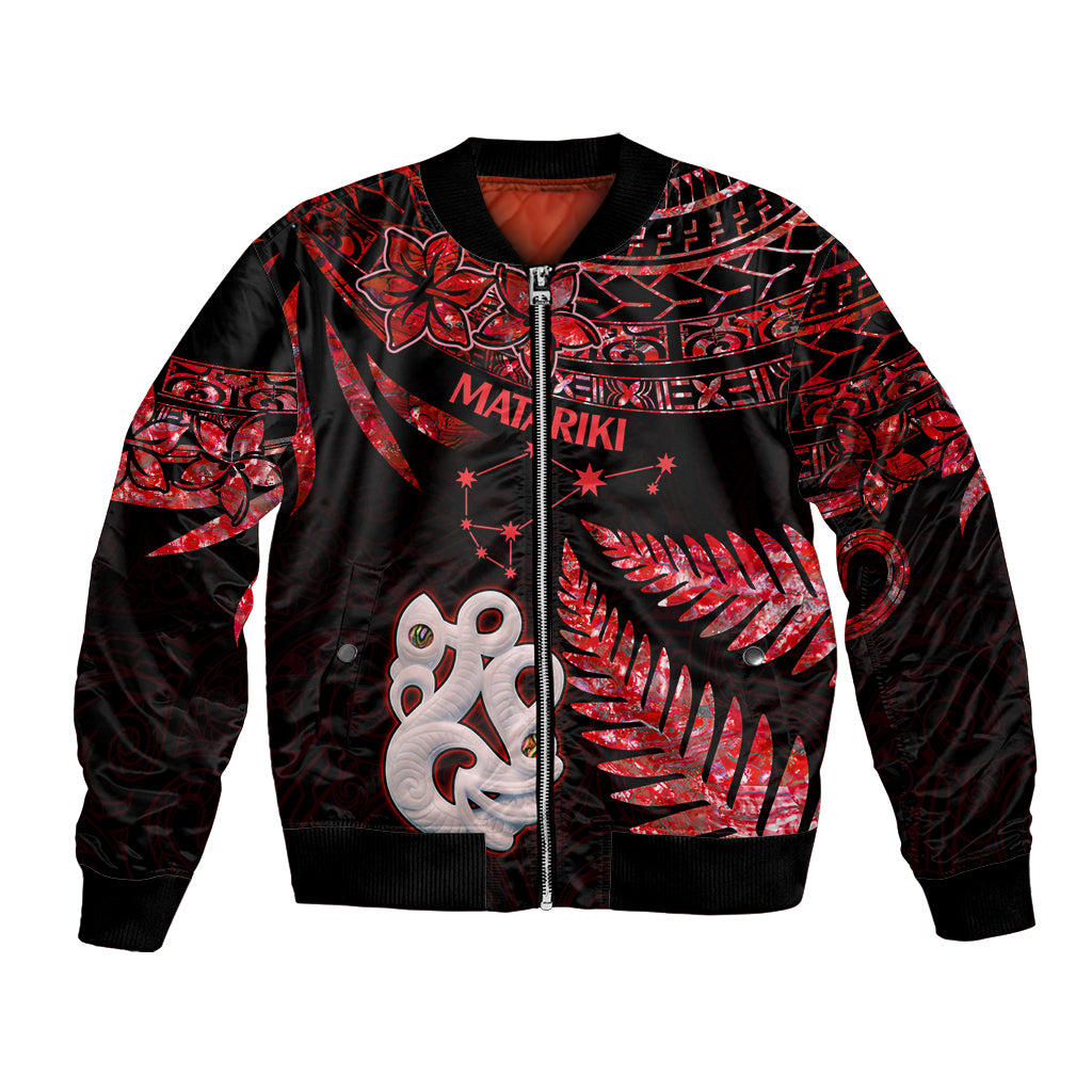 Matariki Bomber Jacket NZ New Year Manaia with Paua Shell - Red LT9 Unisex Red - Polynesian Pride