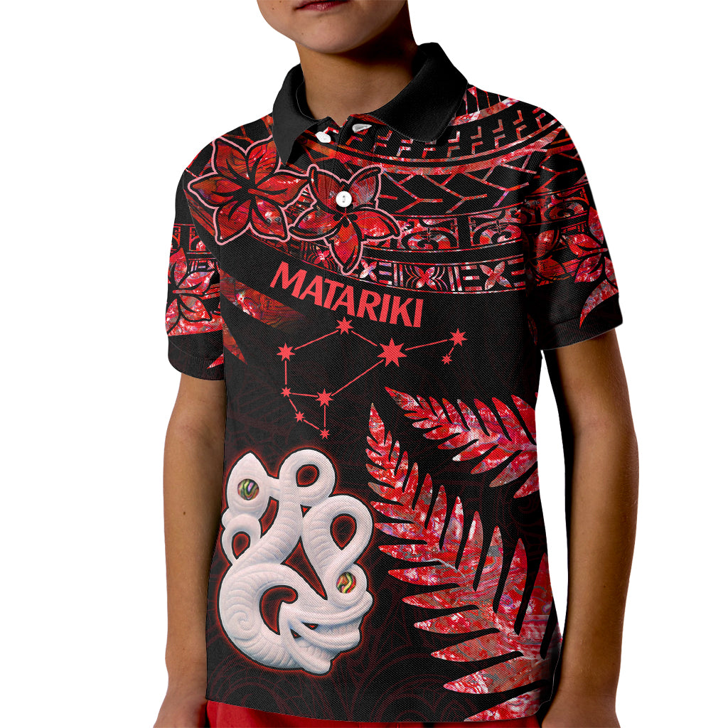 Matariki Kid Polo Shirt NZ New Year Manaia with Paua Shell - Red LT9 Kid Red - Polynesian Pride