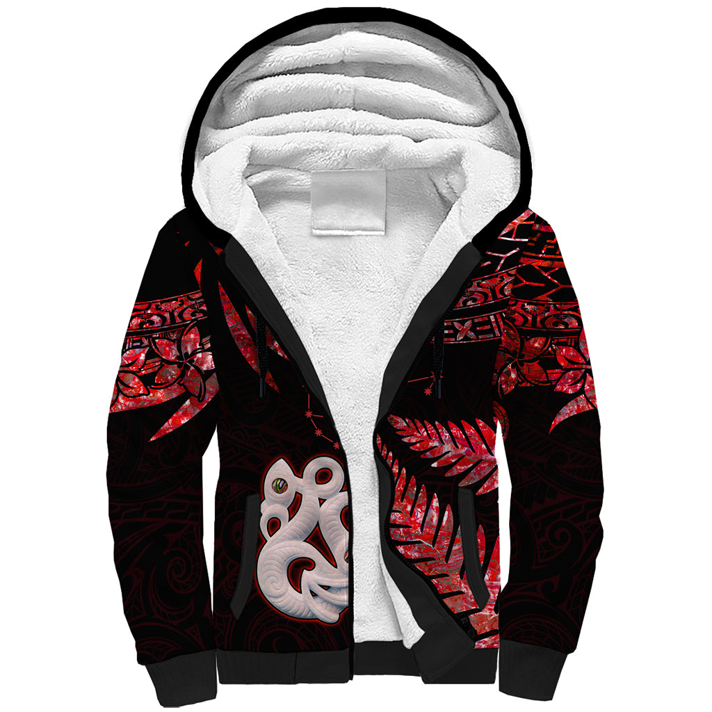 Matariki Sherpa Hoodie NZ New Year Manaia with Paua Shell - Red LT9 Unisex Red - Polynesian Pride