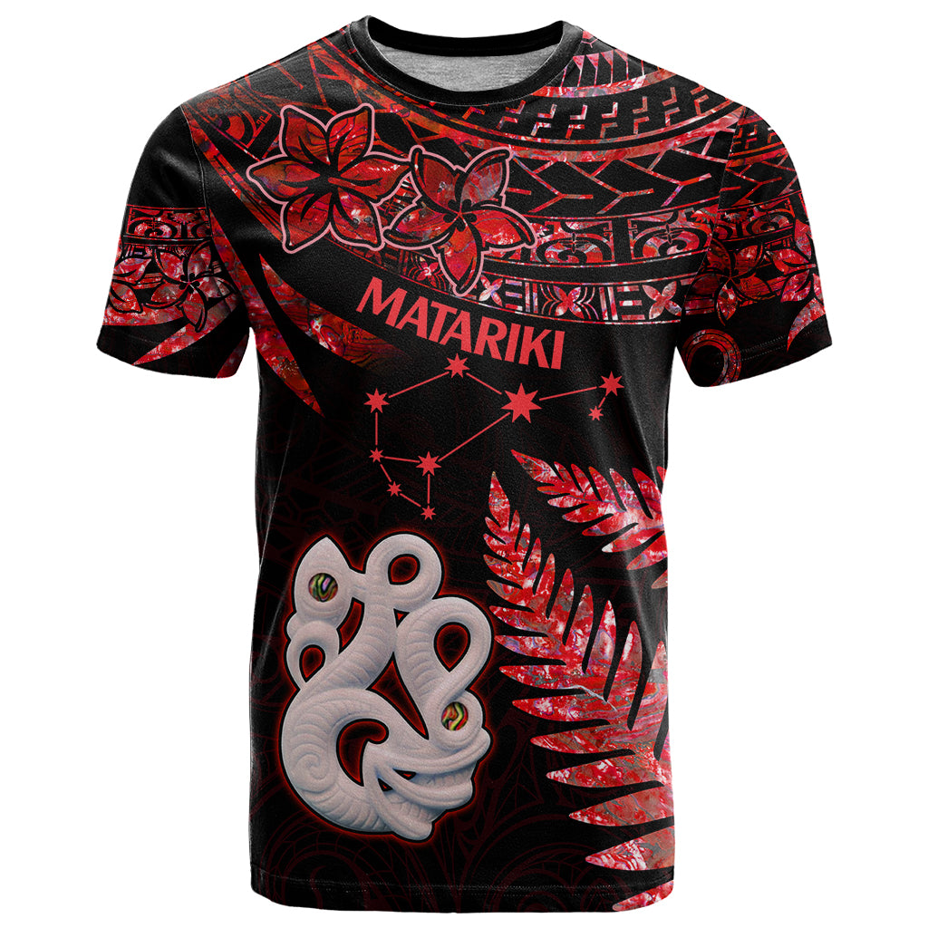 Matariki T Shirt NZ New Year Manaia with Paua Shell Red LT9 Red - Polynesian Pride