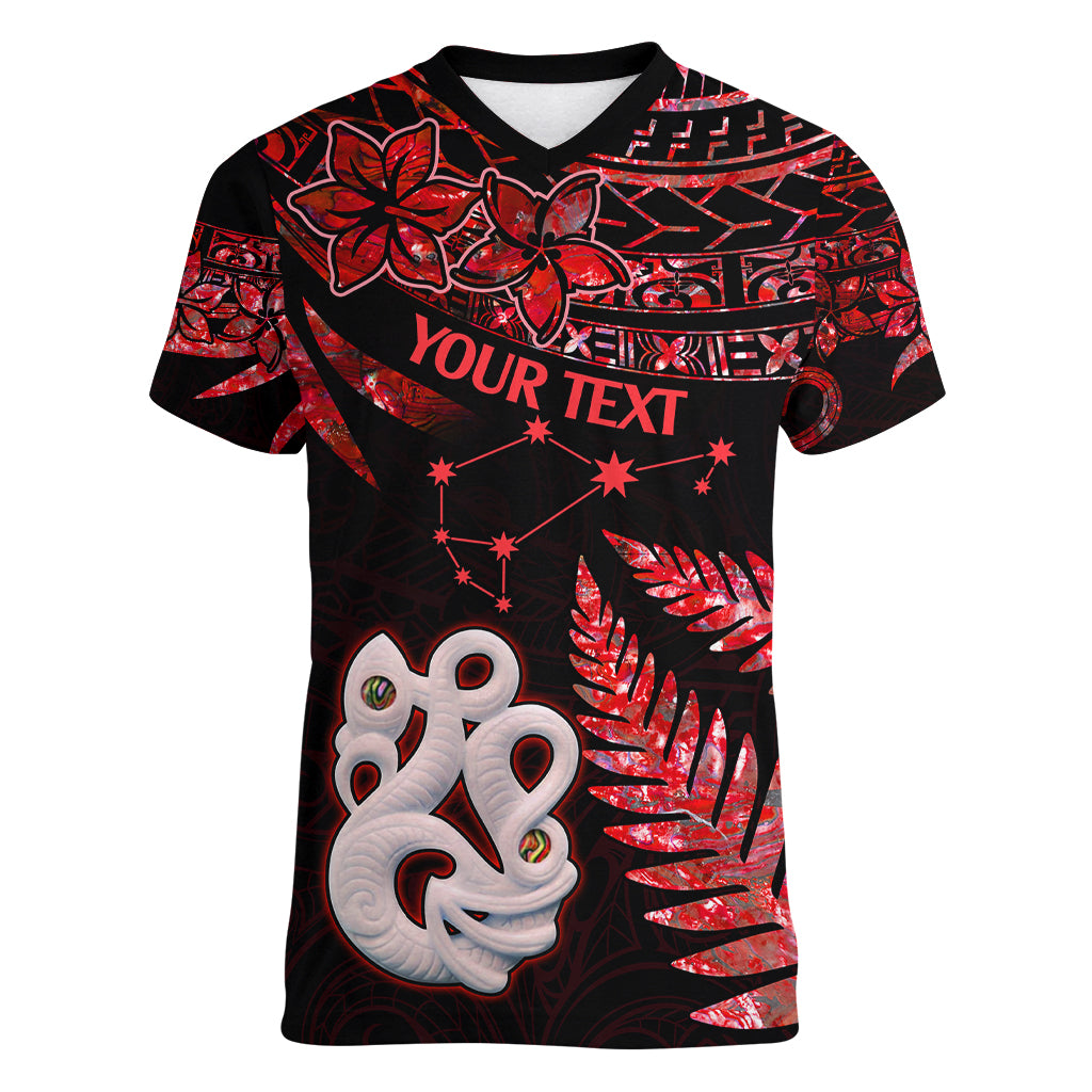 Custom Matariki Women V Neck T Shirt NZ New Year Manaia with Paua Shell - Red LT9 Female Red - Polynesian Pride