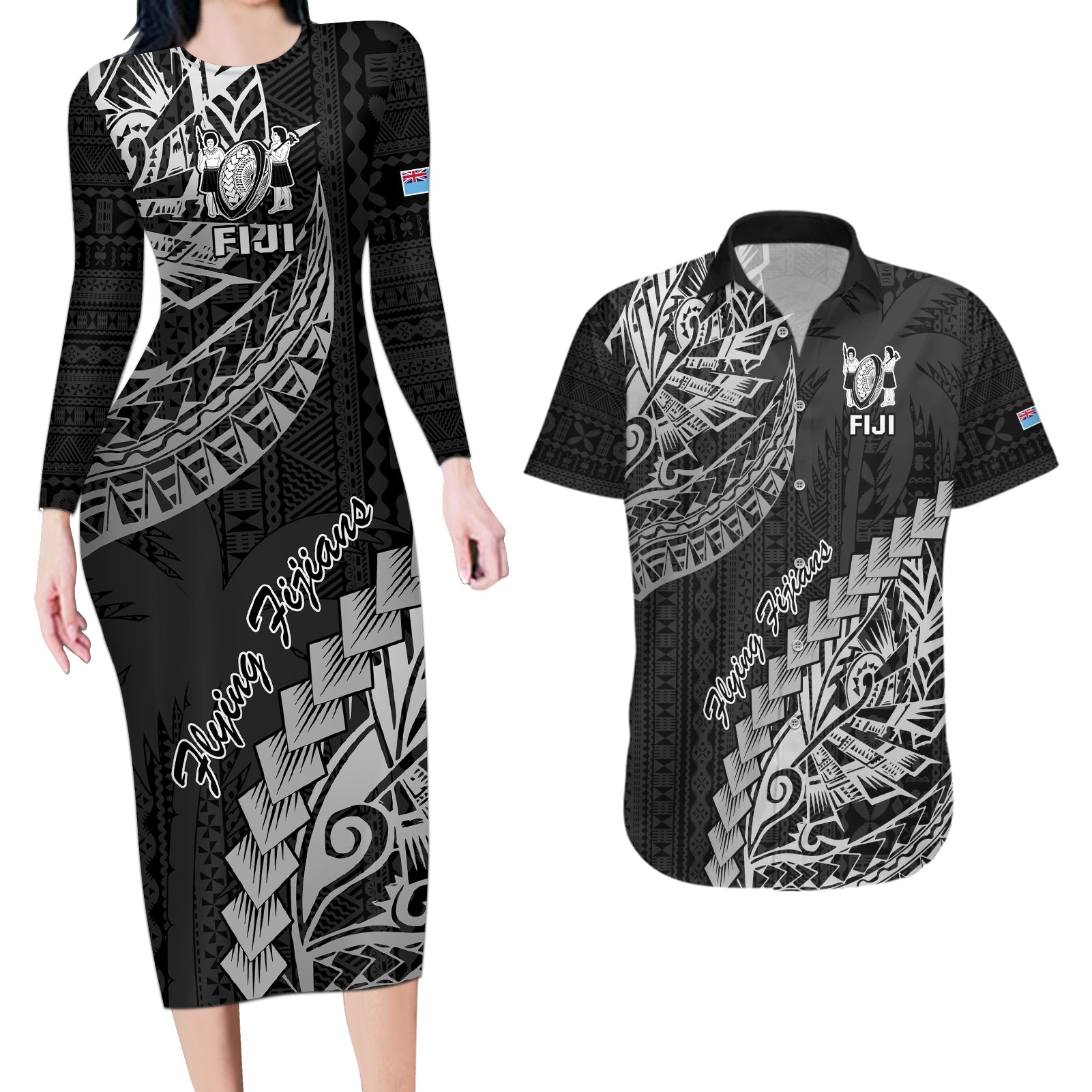 Fiji Rugby Couples Matching Long Sleeve Bodycon Dress and Hawaiian Shirt Kaiviti Fijian Tribal World Cup Black LT9 Black - Polynesian Pride