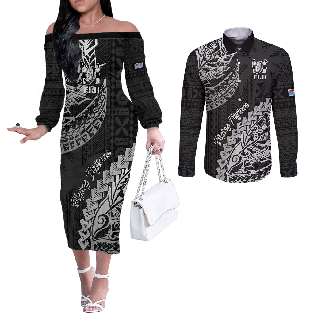 Fiji Rugby Couples Matching Off The Shoulder Long Sleeve Dress and Long Sleeve Button Shirt Kaiviti Fijian Tribal World Cup Black LT9 Black - Polynesian Pride