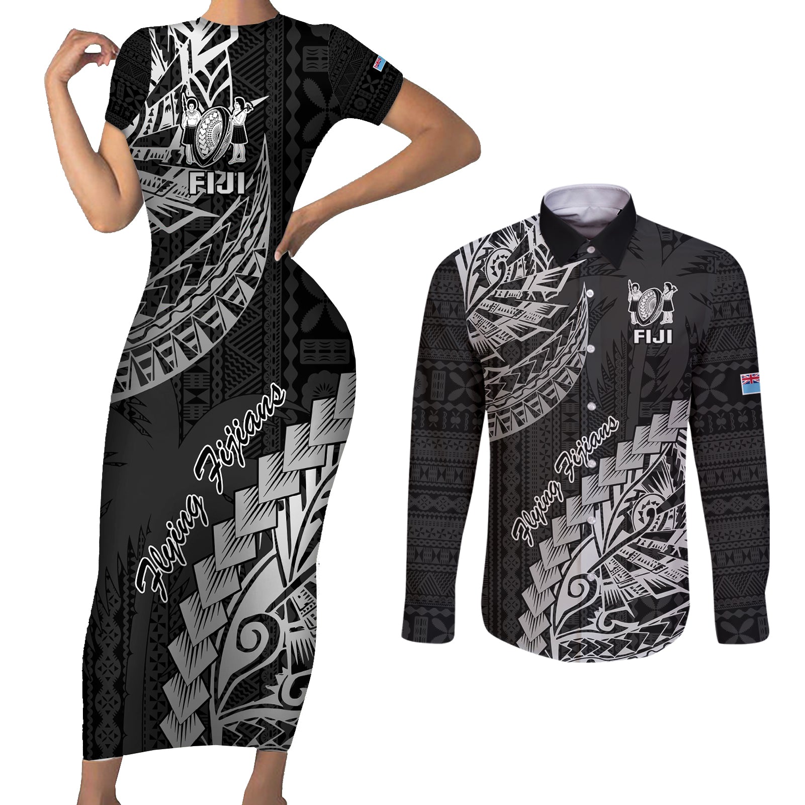 Fiji Rugby Couples Matching Short Sleeve Bodycon Dress and Long Sleeve Button Shirt Kaiviti Fijian Tribal World Cup Black LT9 Black - Polynesian Pride