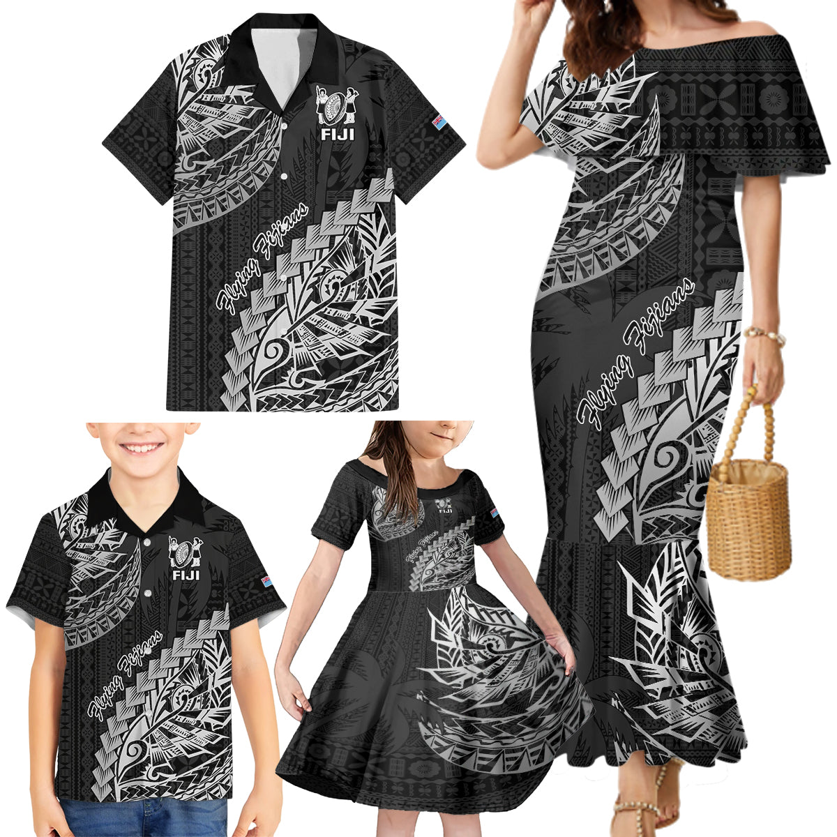 Fiji Rugby Family Matching Mermaid Dress and Hawaiian Shirt Kaiviti Fijian Tribal World Cup Black LT9 - Polynesian Pride