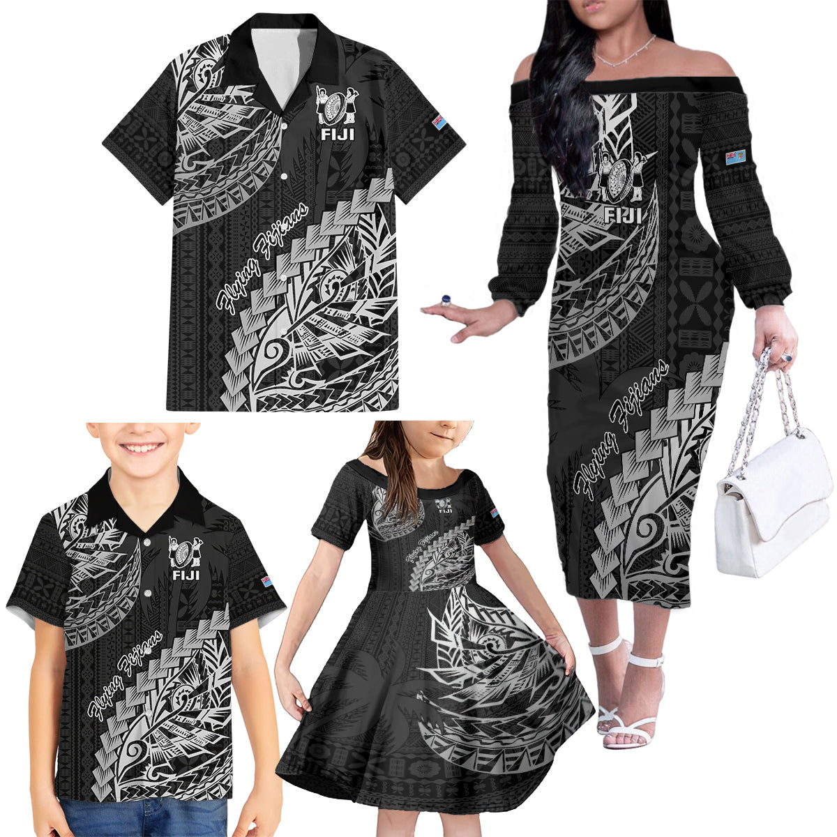 Fiji Rugby Family Matching Off Shoulder Long Sleeve Dress and Hawaiian Shirt Kaiviti Fijian Tribal World Cup Black LT9 - Polynesian Pride