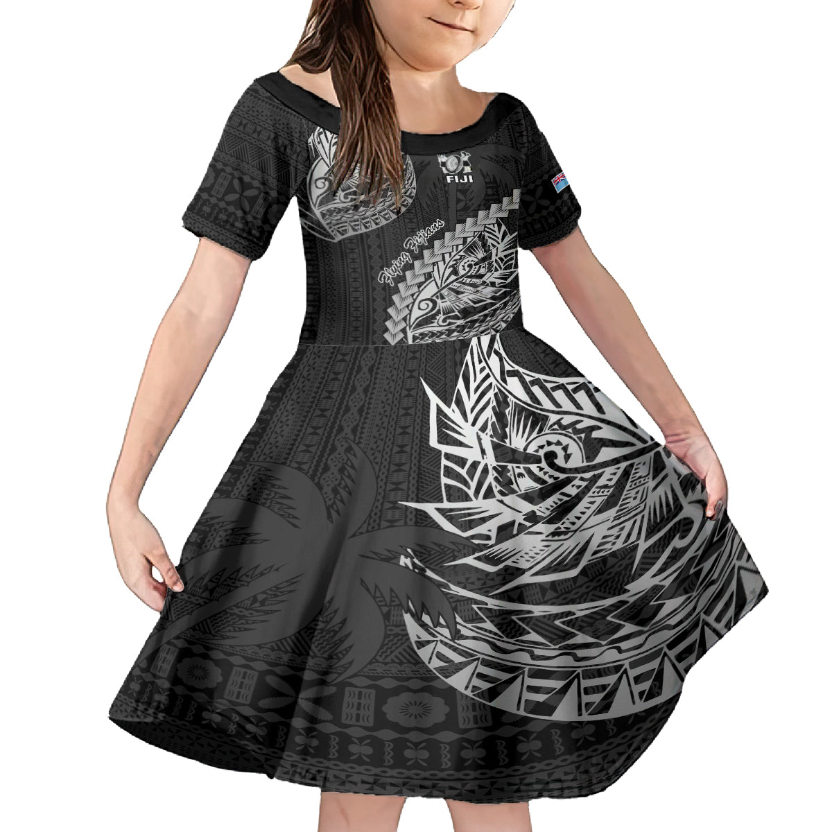 Fiji Rugby Kid Short Sleeve Dress Kaiviti Fijian Tribal World Cup Black LT9 KID Black - Polynesian Pride