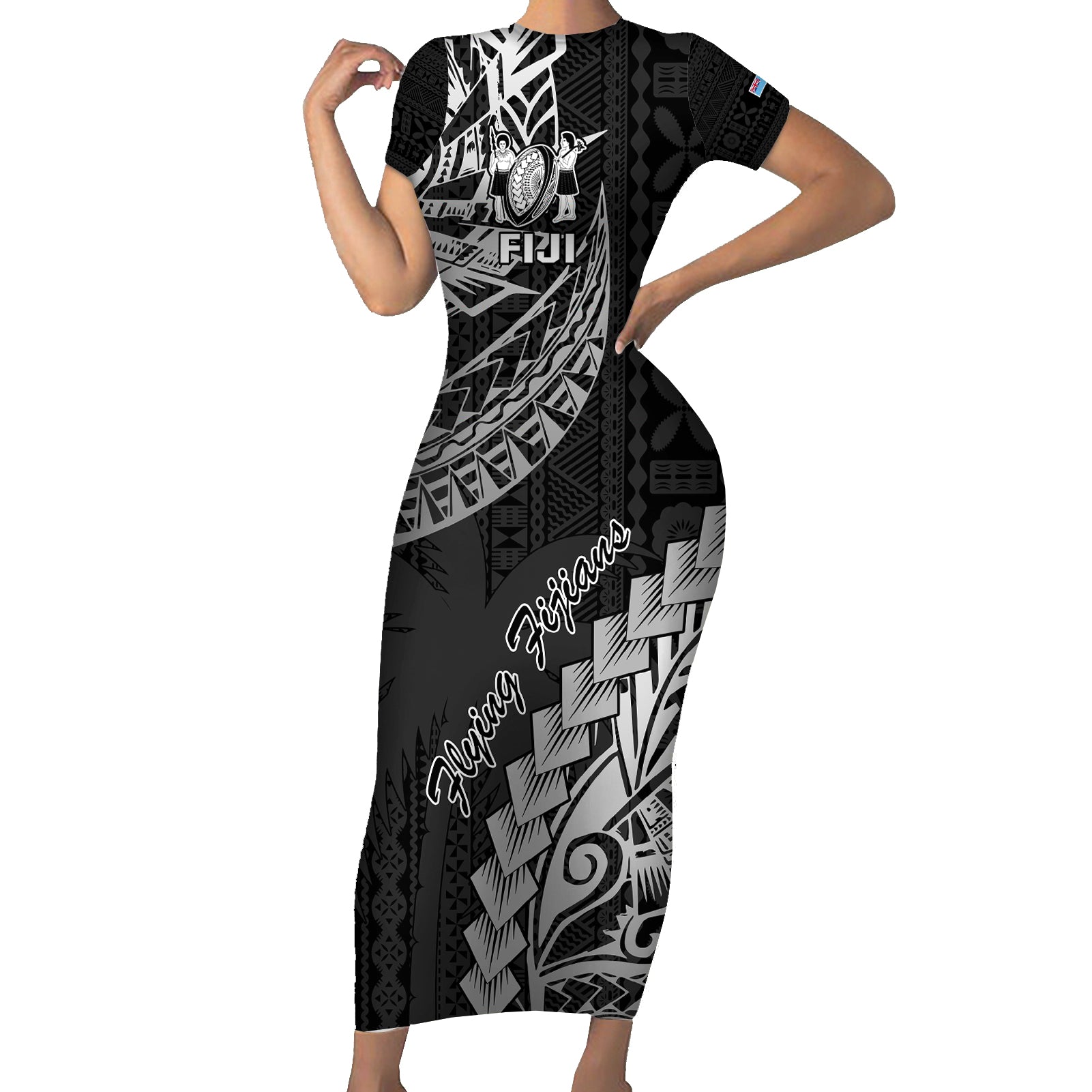 Fiji Rugby Short Sleeve Bodycon Dress Kaiviti Fijian Tribal World Cup Black LT9 Long Dress Black - Polynesian Pride