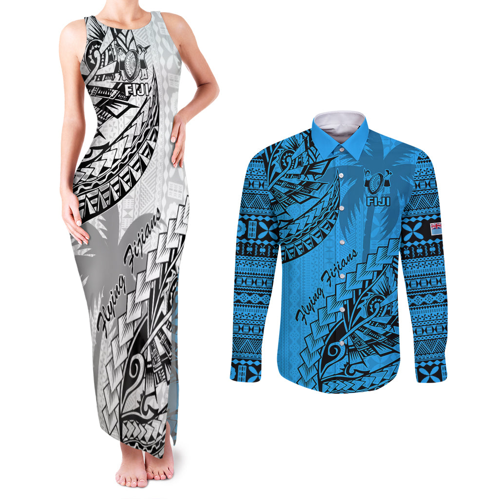 Fiji Rugby Couples Matching Tank Maxi Dress and Long Sleeve Button Shirt Kaiviti Fijian Tribal World Cup Blue No1 LT9 Blue - Polynesian Pride