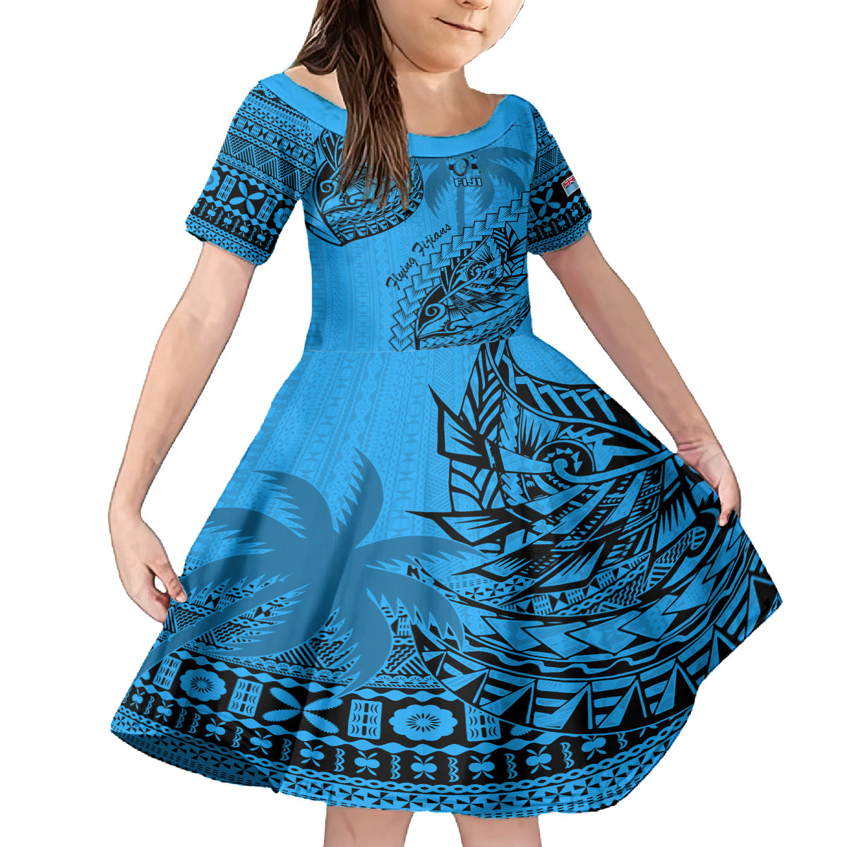Fiji Rugby Kid Short Sleeve Dress Kaiviti Fijian Tribal World Cup Blue No1 LT9 KID Blue - Polynesian Pride