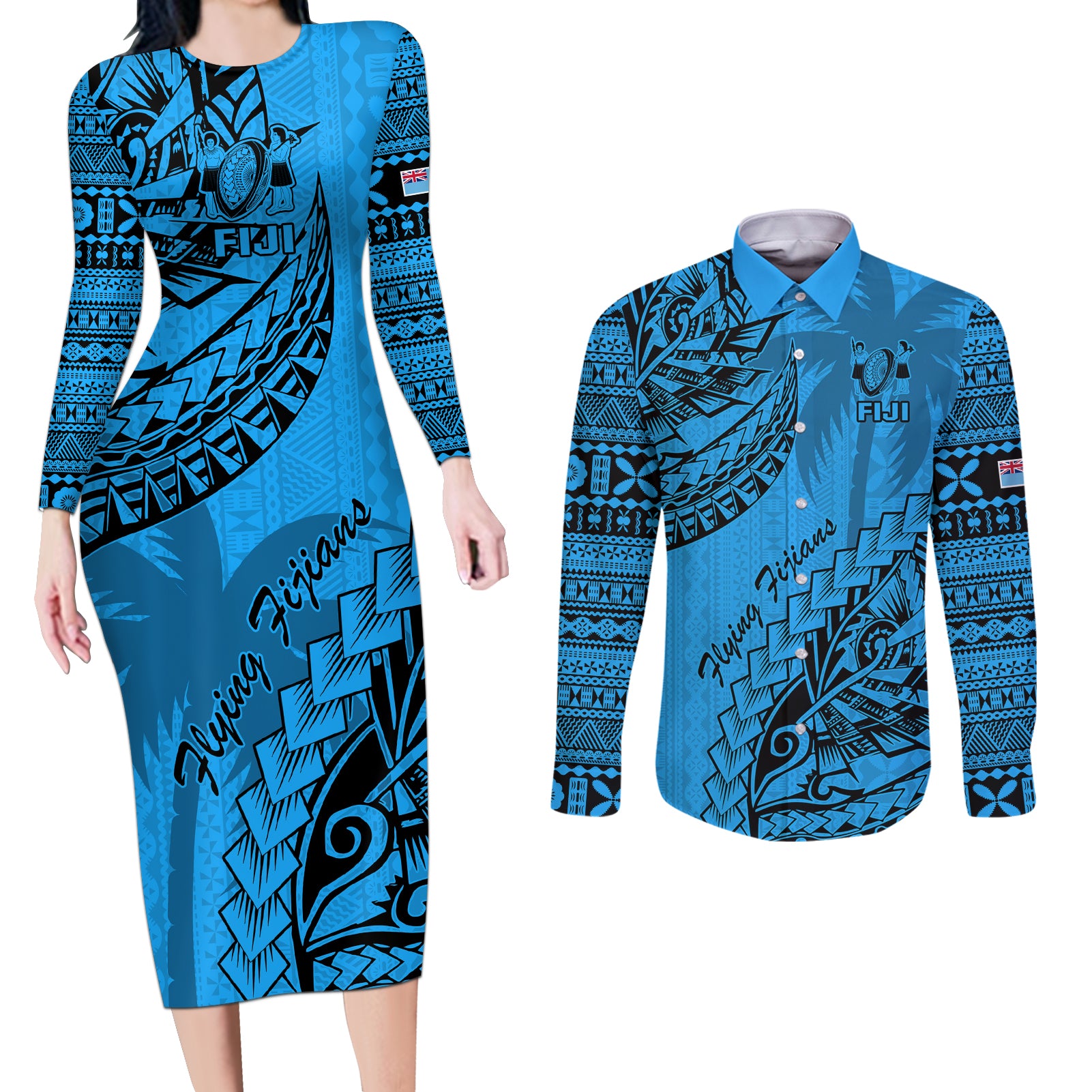 Custom Fiji Rugby Couples Matching Long Sleeve Bodycon Dress and Long Sleeve Button Shirt Kaiviti Fijian Tribal World Cup Blue No1 LT9 Blue - Polynesian Pride