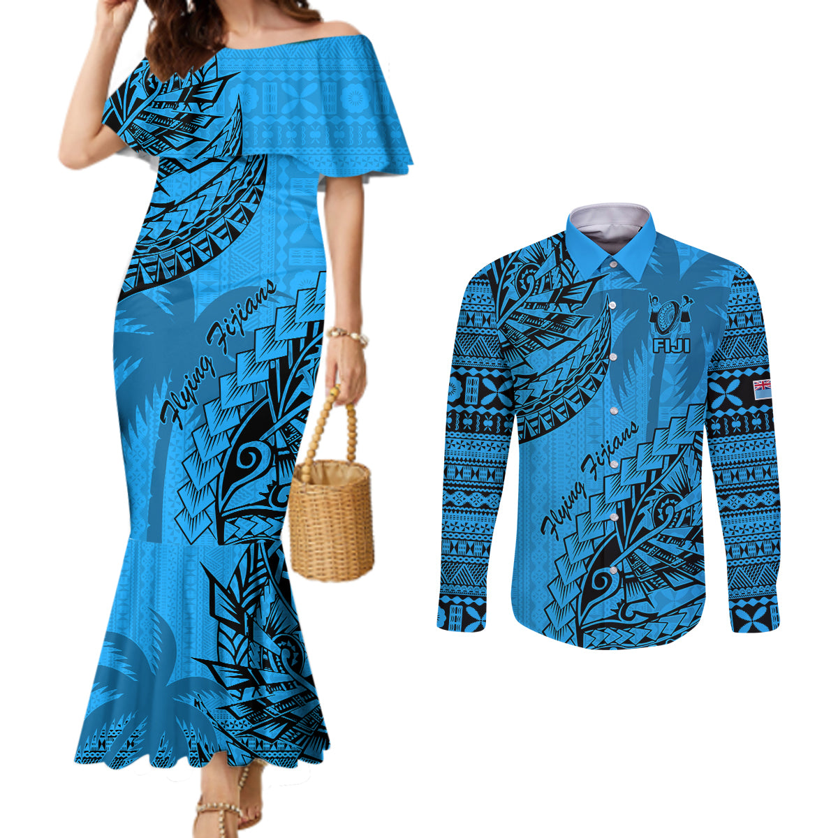 Custom Fiji Rugby Couples Matching Mermaid Dress and Long Sleeve Button Shirt Kaiviti Fijian Tribal World Cup Blue No1 LT9 Blue - Polynesian Pride