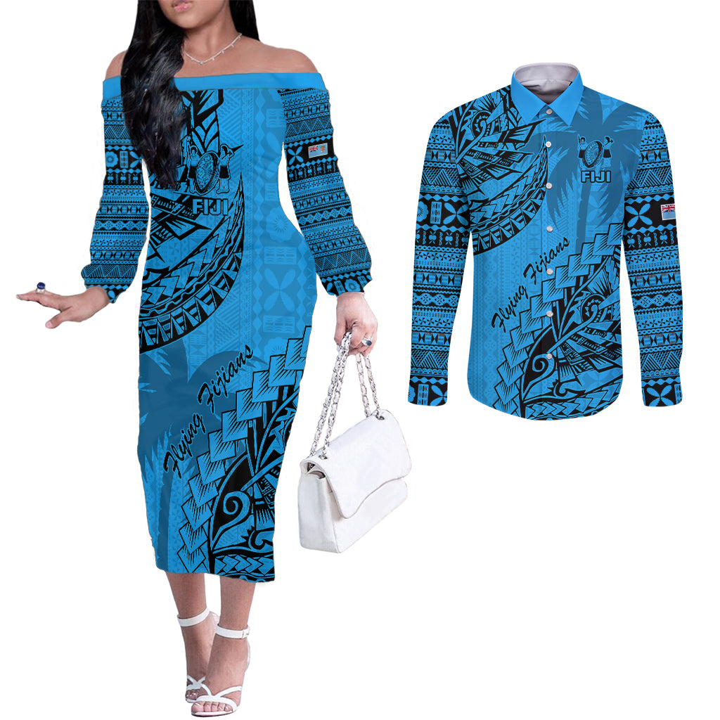 Custom Fiji Rugby Couples Matching Off The Shoulder Long Sleeve Dress and Long Sleeve Button Shirt Kaiviti Fijian Tribal World Cup Blue No1 LT9 Blue - Polynesian Pride