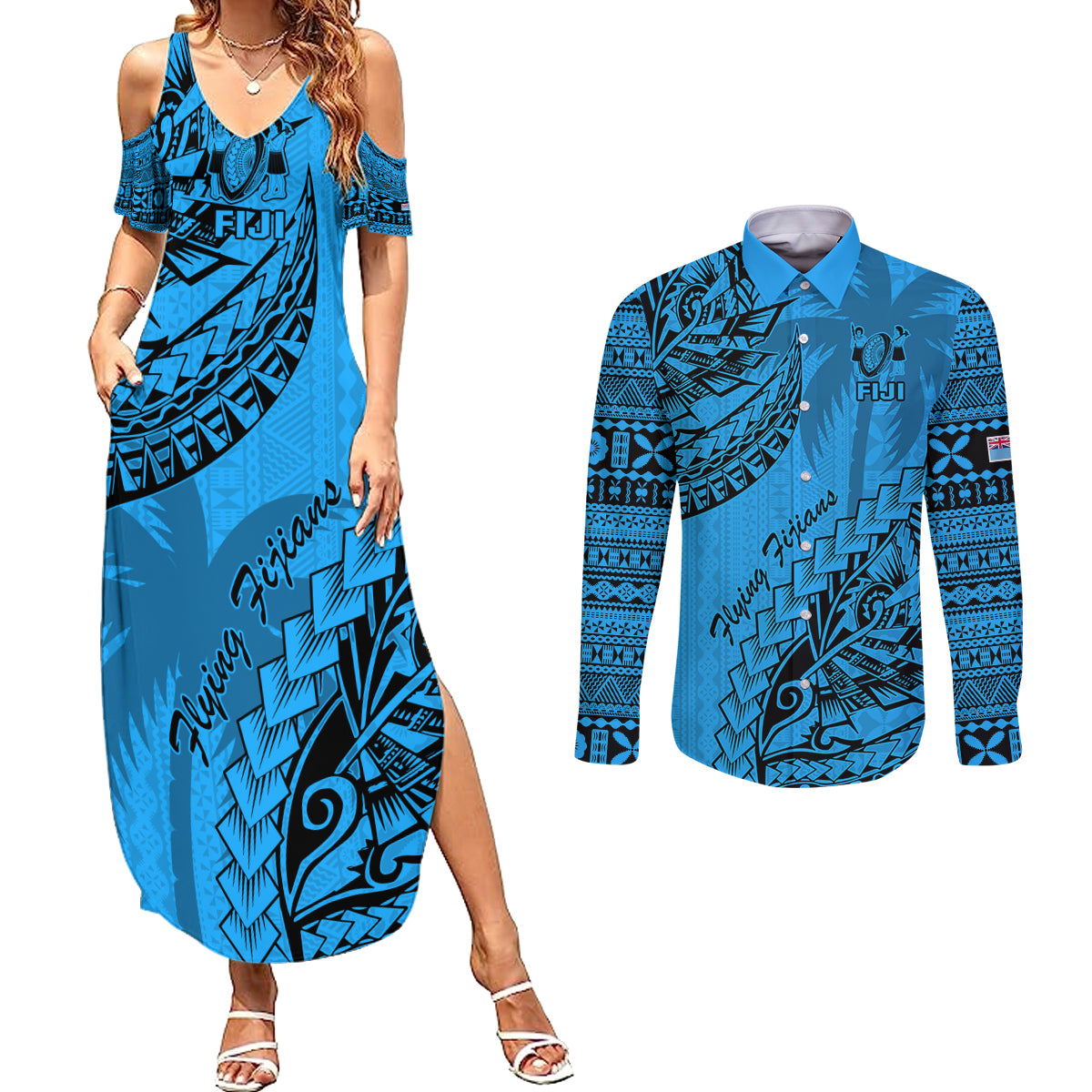 Custom Fiji Rugby Couples Matching Summer Maxi Dress and Long Sleeve Button Shirt Kaiviti Fijian Tribal World Cup Blue No1 LT9 Blue - Polynesian Pride