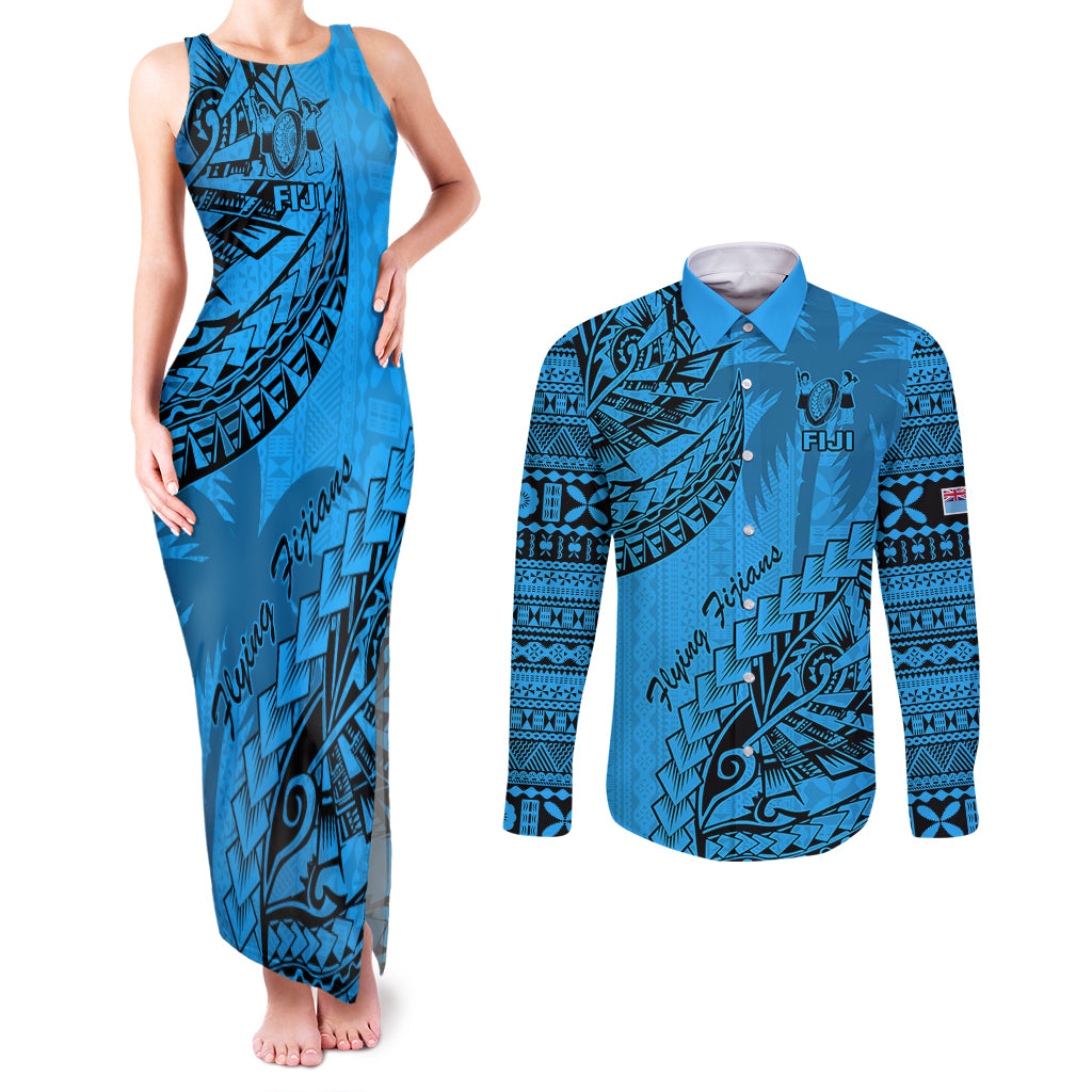 Custom Fiji Rugby Couples Matching Tank Maxi Dress and Long Sleeve Button Shirt Kaiviti Fijian Tribal World Cup Blue No1 LT9 Blue - Polynesian Pride