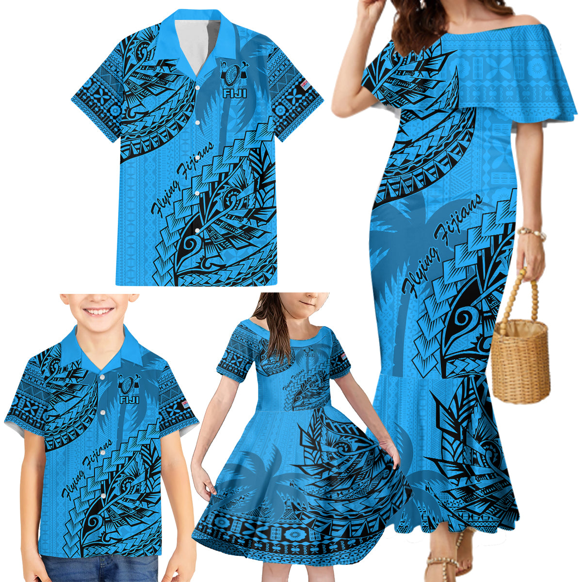 Custom Fiji Rugby Family Matching Mermaid Dress and Hawaiian Shirt Kaiviti Fijian Tribal World Cup Blue No1 LT9 - Polynesian Pride