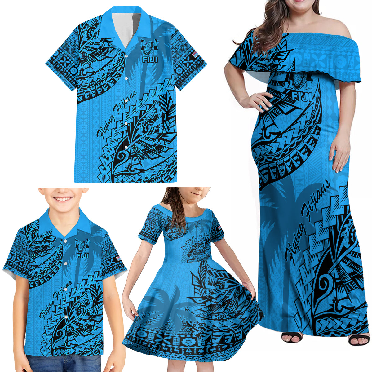 Custom Fiji Rugby Family Matching Off Shoulder Maxi Dress and Hawaiian Shirt Kaiviti Fijian Tribal World Cup Blue No1 LT9 - Polynesian Pride