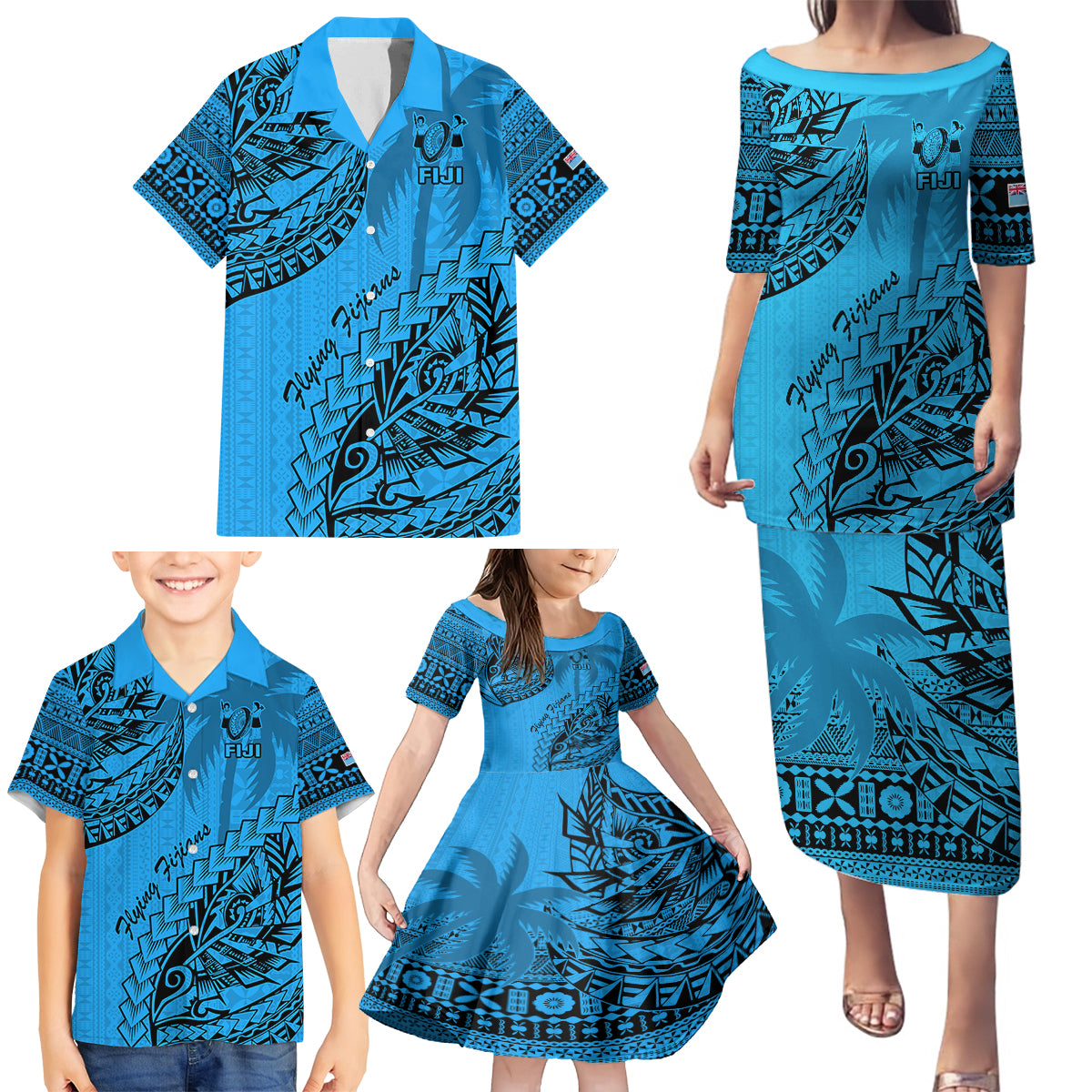 Custom Fiji Rugby Family Matching Puletasi Dress and Hawaiian Shirt Kaiviti Fijian Tribal World Cup Blue No1 LT9 - Polynesian Pride