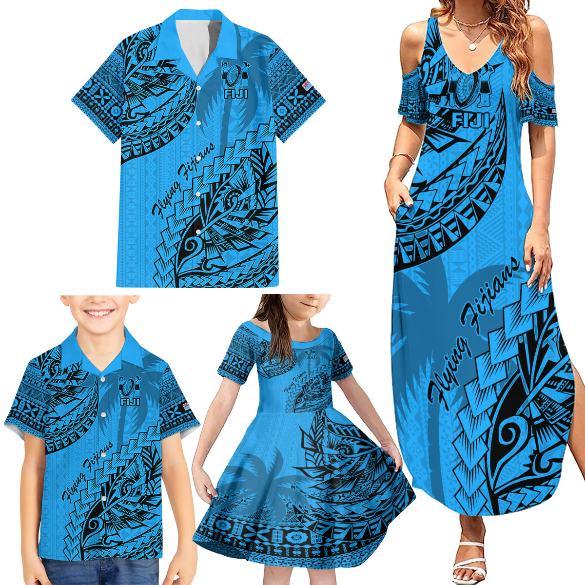 Custom Fiji Rugby Family Matching Summer Maxi Dress and Hawaiian Shirt Kaiviti Fijian Tribal World Cup Blue No1 LT9 - Polynesian Pride