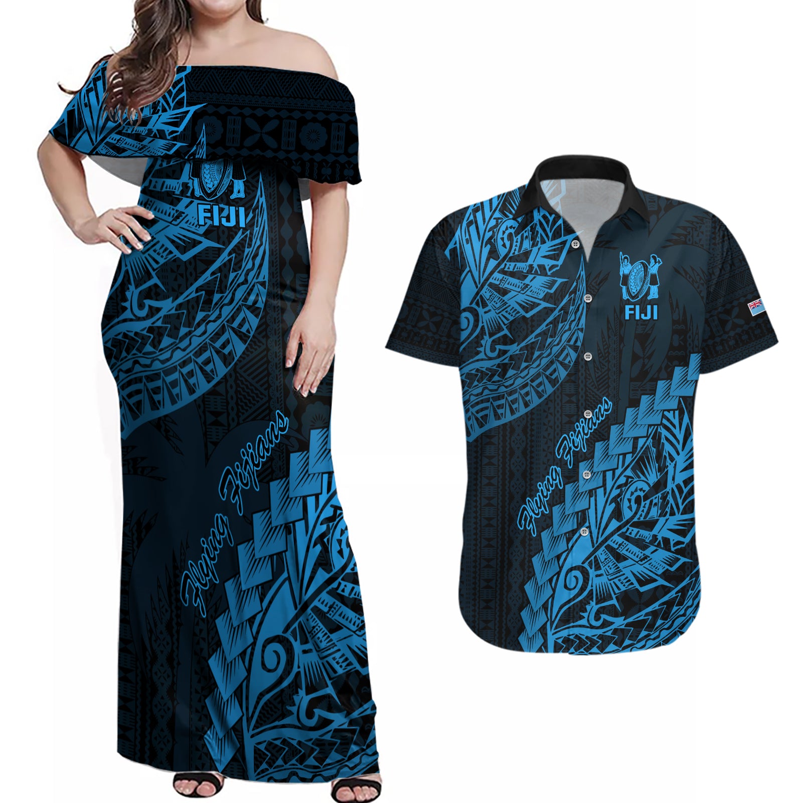 Fiji Rugby Couples Matching Off Shoulder Maxi Dress and Hawaiian Shirt Kaiviti Fijian Tribal World Cup Blue No2 LT9 Blue - Polynesian Pride