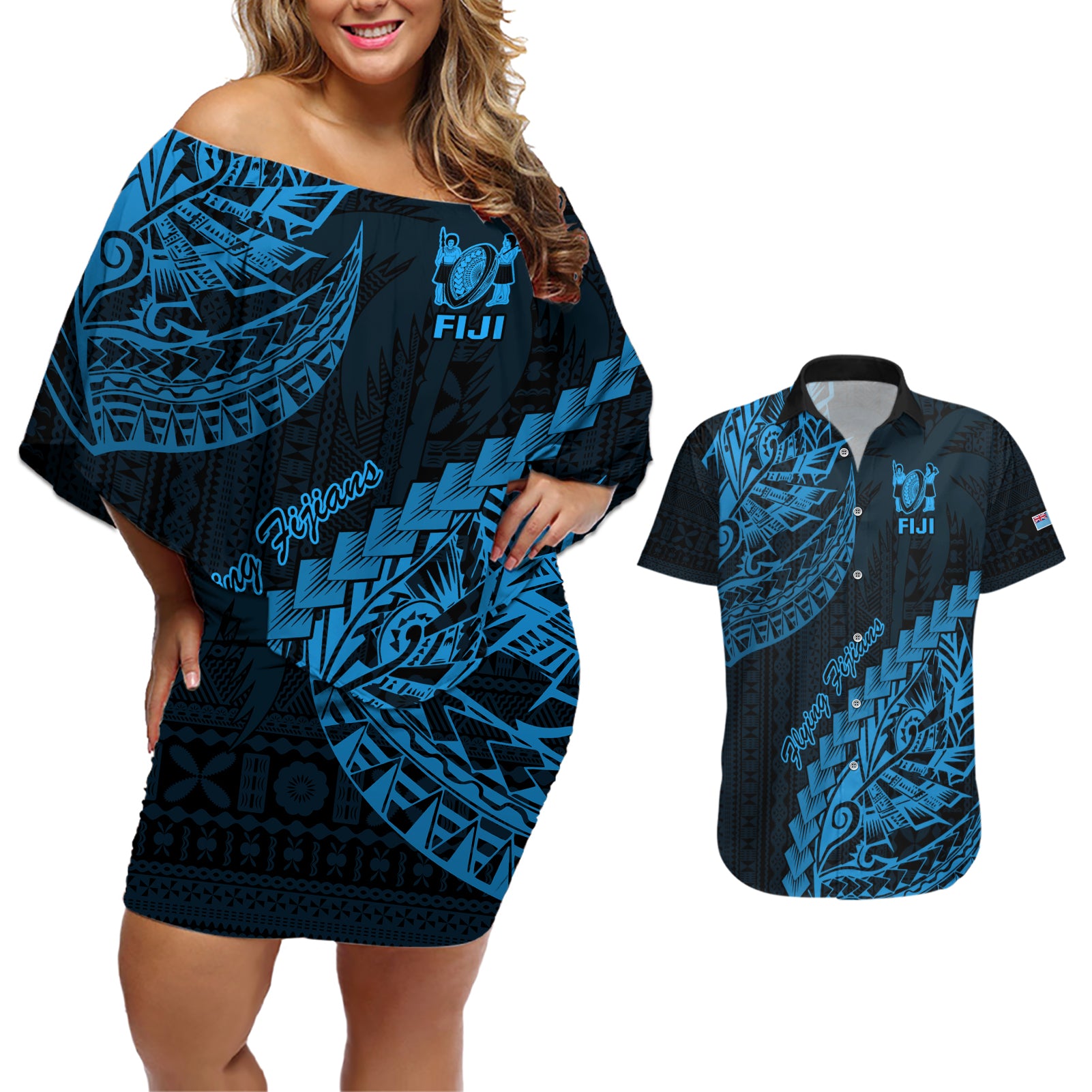 Fiji Rugby Couples Matching Off Shoulder Short Dress and Hawaiian Shirt Kaiviti Fijian Tribal World Cup Blue No2 LT9 Blue - Polynesian Pride