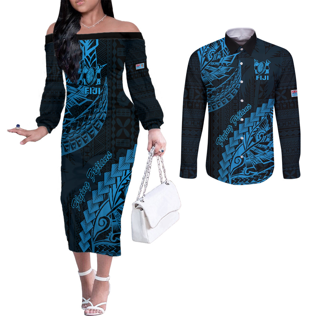 Fiji Rugby Couples Matching Off The Shoulder Long Sleeve Dress and Long Sleeve Button Shirt Kaiviti Fijian Tribal World Cup Blue No2 LT9 Blue - Polynesian Pride