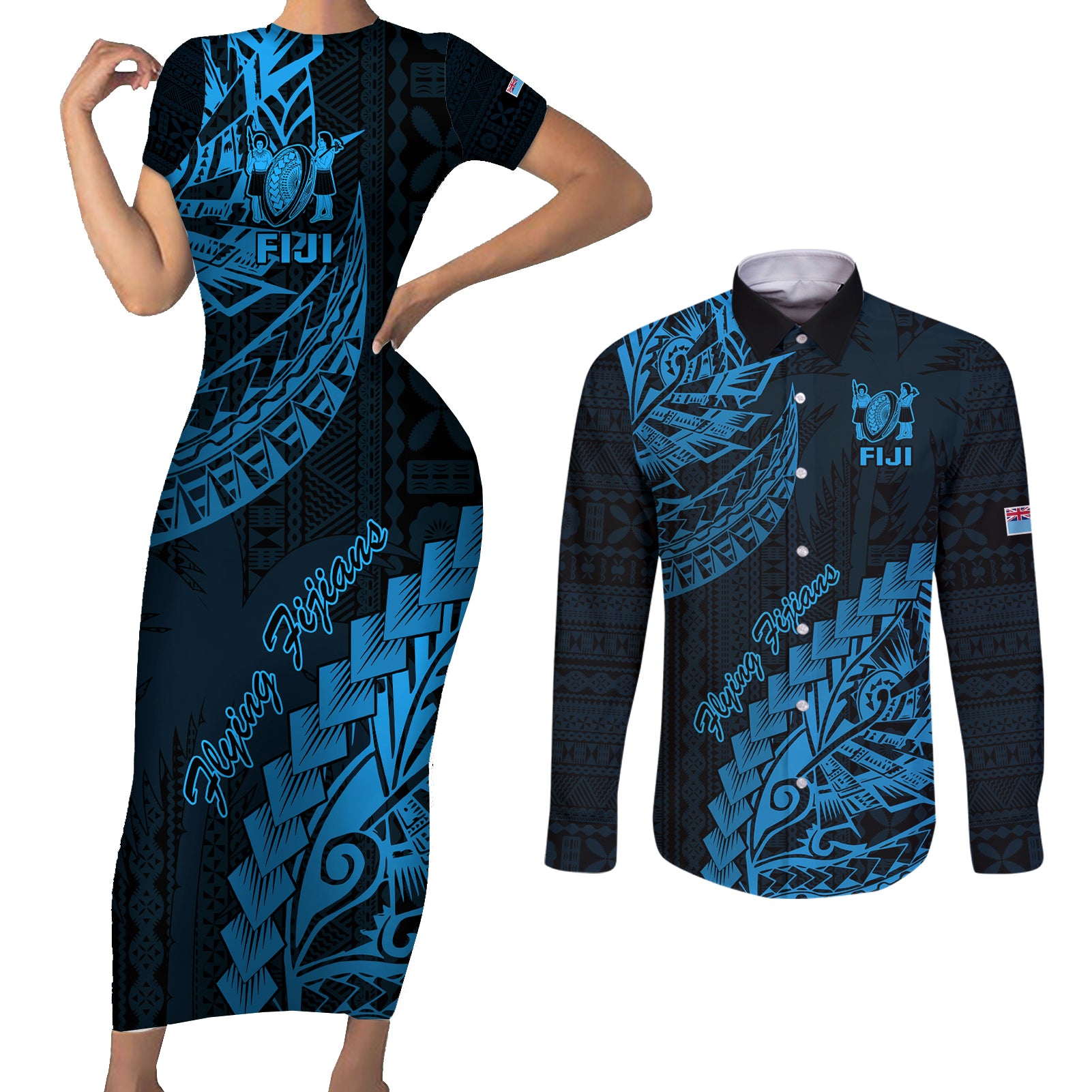 Fiji Rugby Couples Matching Short Sleeve Bodycon Dress and Long Sleeve Button Shirt Kaiviti Fijian Tribal World Cup Blue No2 LT9 Blue - Polynesian Pride