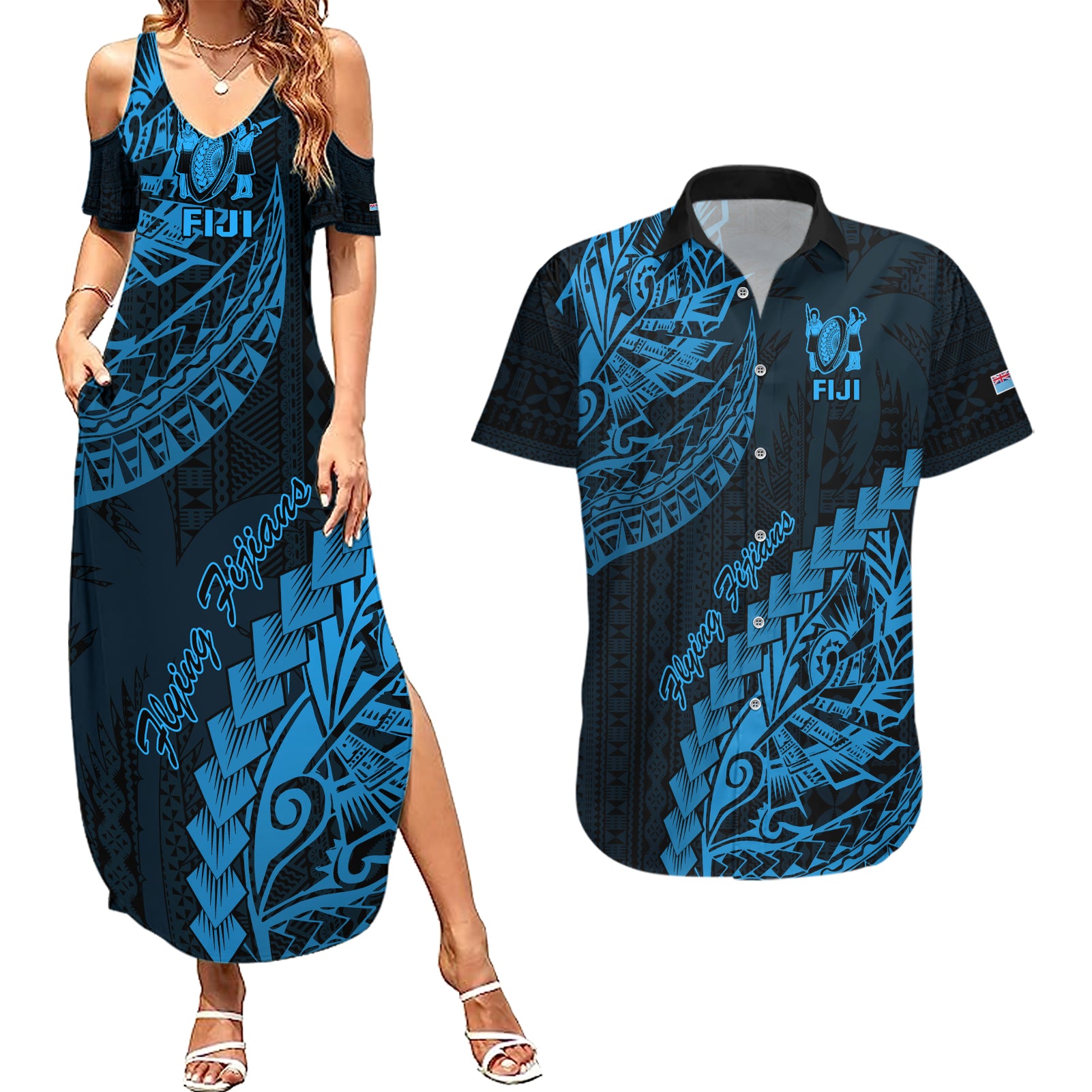 Fiji Rugby Couples Matching Summer Maxi Dress and Hawaiian Shirt Kaiviti Fijian Tribal World Cup Blue No2 LT9 Blue - Polynesian Pride