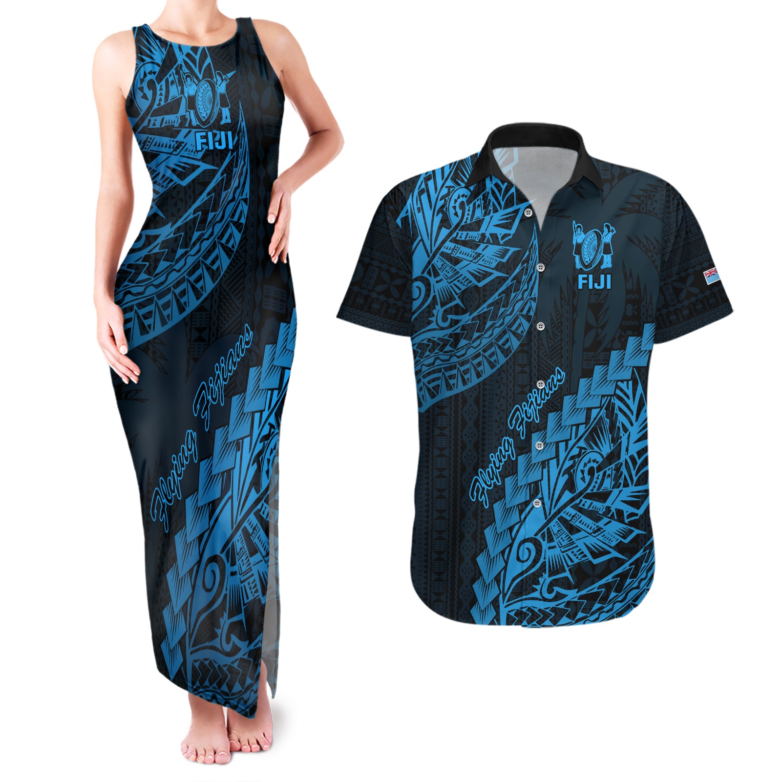 Fiji Rugby Couples Matching Tank Maxi Dress and Hawaiian Shirt Kaiviti Fijian Tribal World Cup Blue No2 LT9 Blue - Polynesian Pride