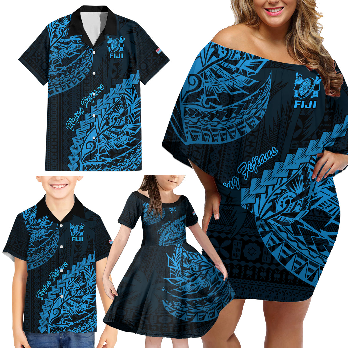 Fiji Rugby Family Matching Off Shoulder Short Dress and Hawaiian Shirt Kaiviti Fijian Tribal World Cup Blue No2 LT9 - Polynesian Pride