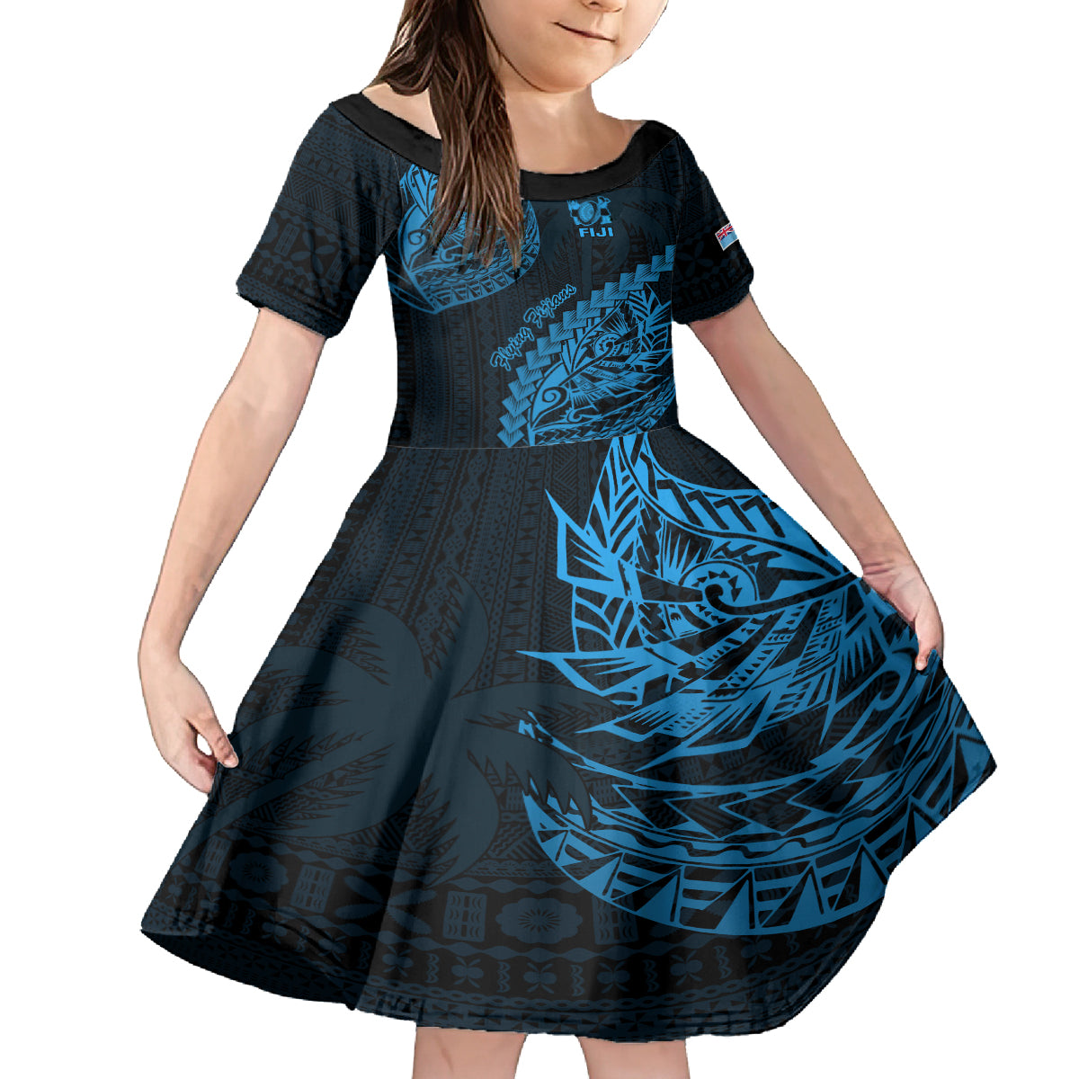 Fiji Rugby Kid Short Sleeve Dress Kaiviti Fijian Tribal World Cup Blue No2 LT9 KID Blue - Polynesian Pride