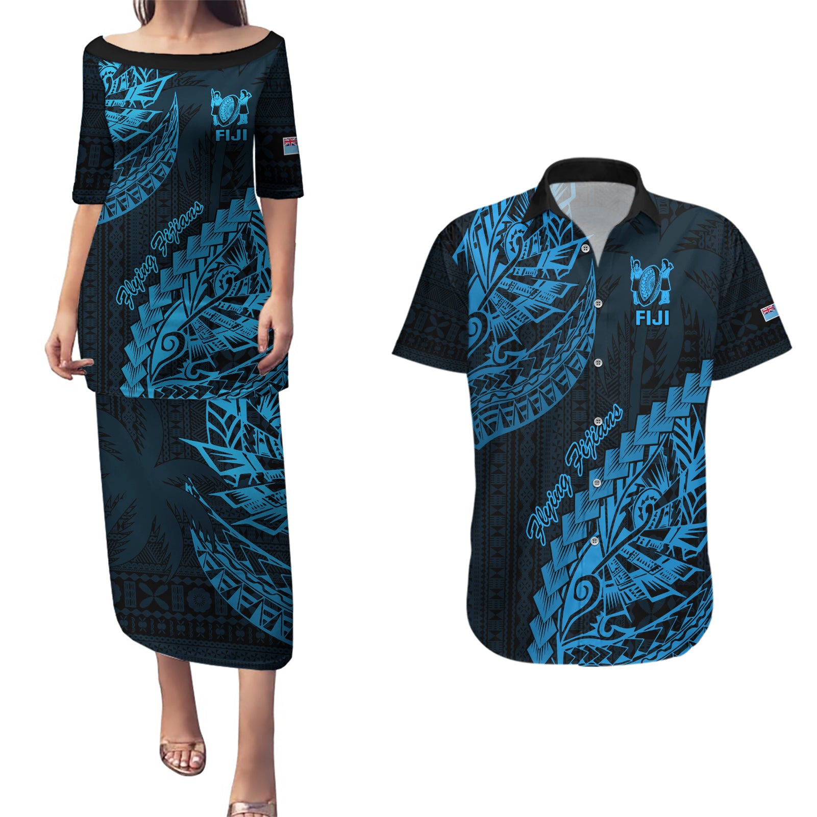 Custom Fiji Rugby Couples Matching Puletasi Dress and Hawaiian Shirt Kaiviti Fijian Tribal World Cup Blue No2 LT9 Blue - Polynesian Pride